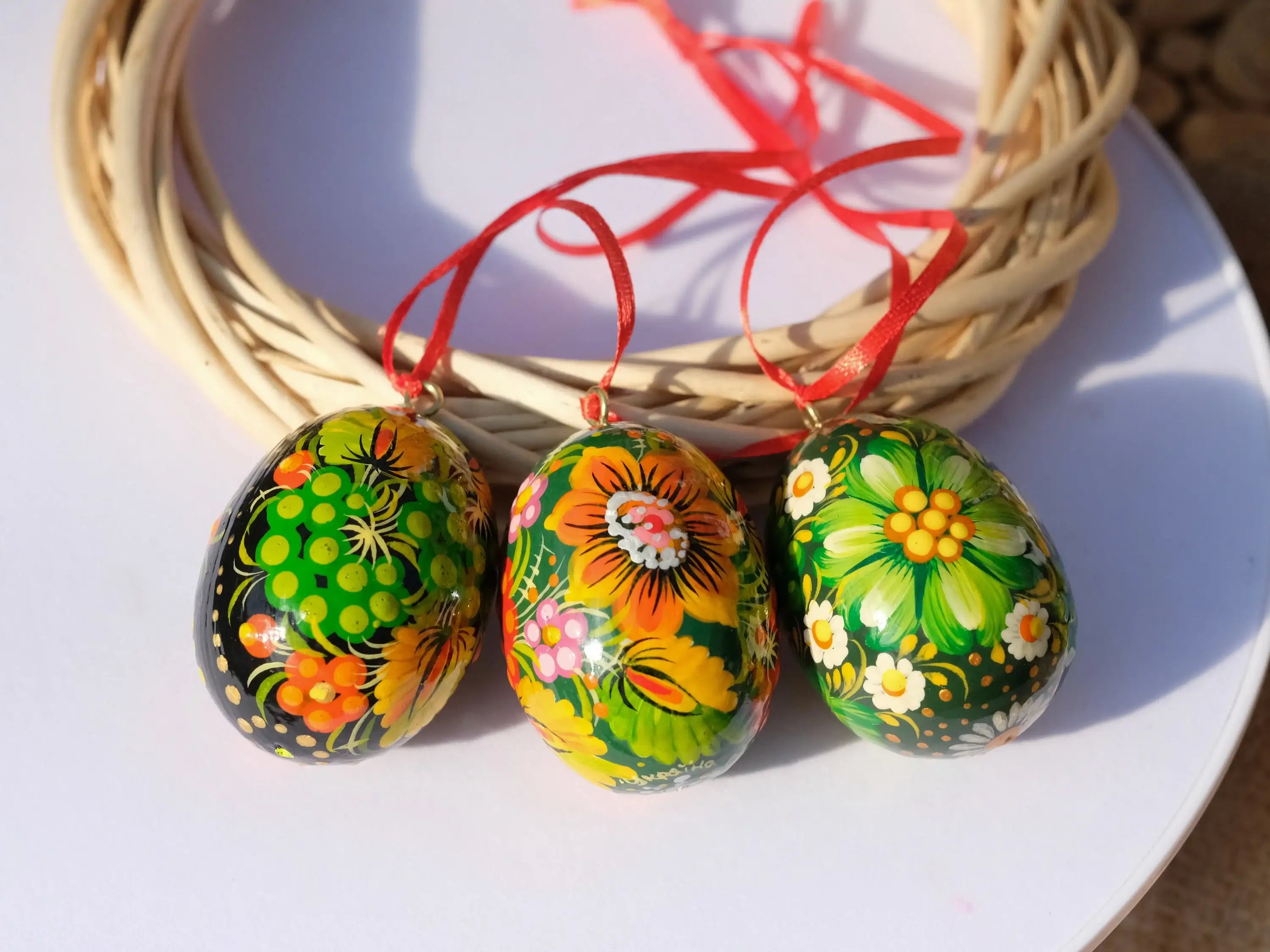 Ukrainian Easter Eggs Set 3pcs with Ribbons - Hand-painted & Carved from Wood