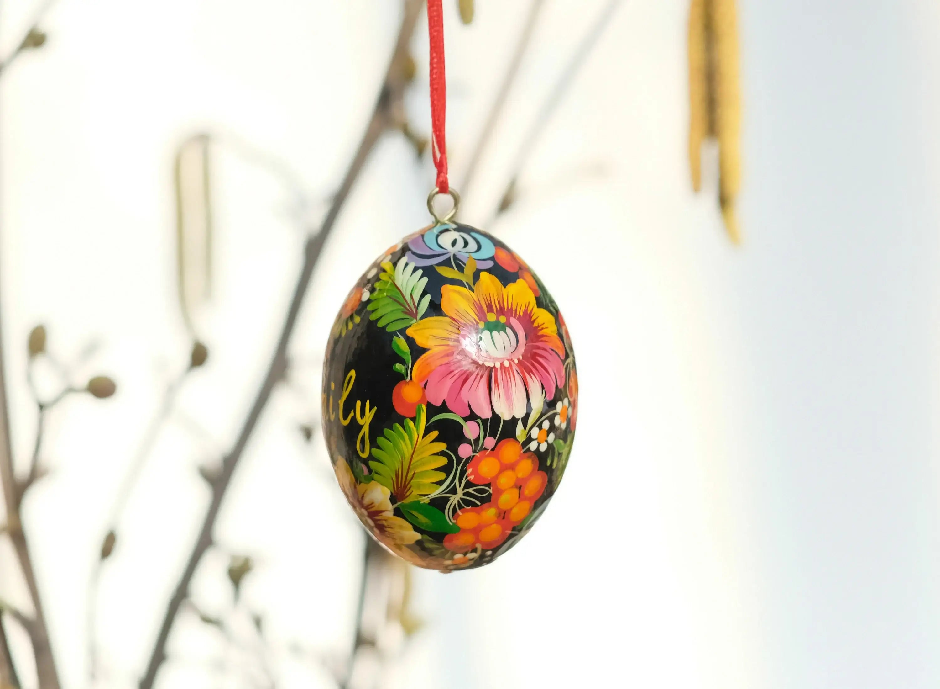 Personalized Hand-painted Wooden Easter Egg with Ribbon - Ukrainian Pysanky