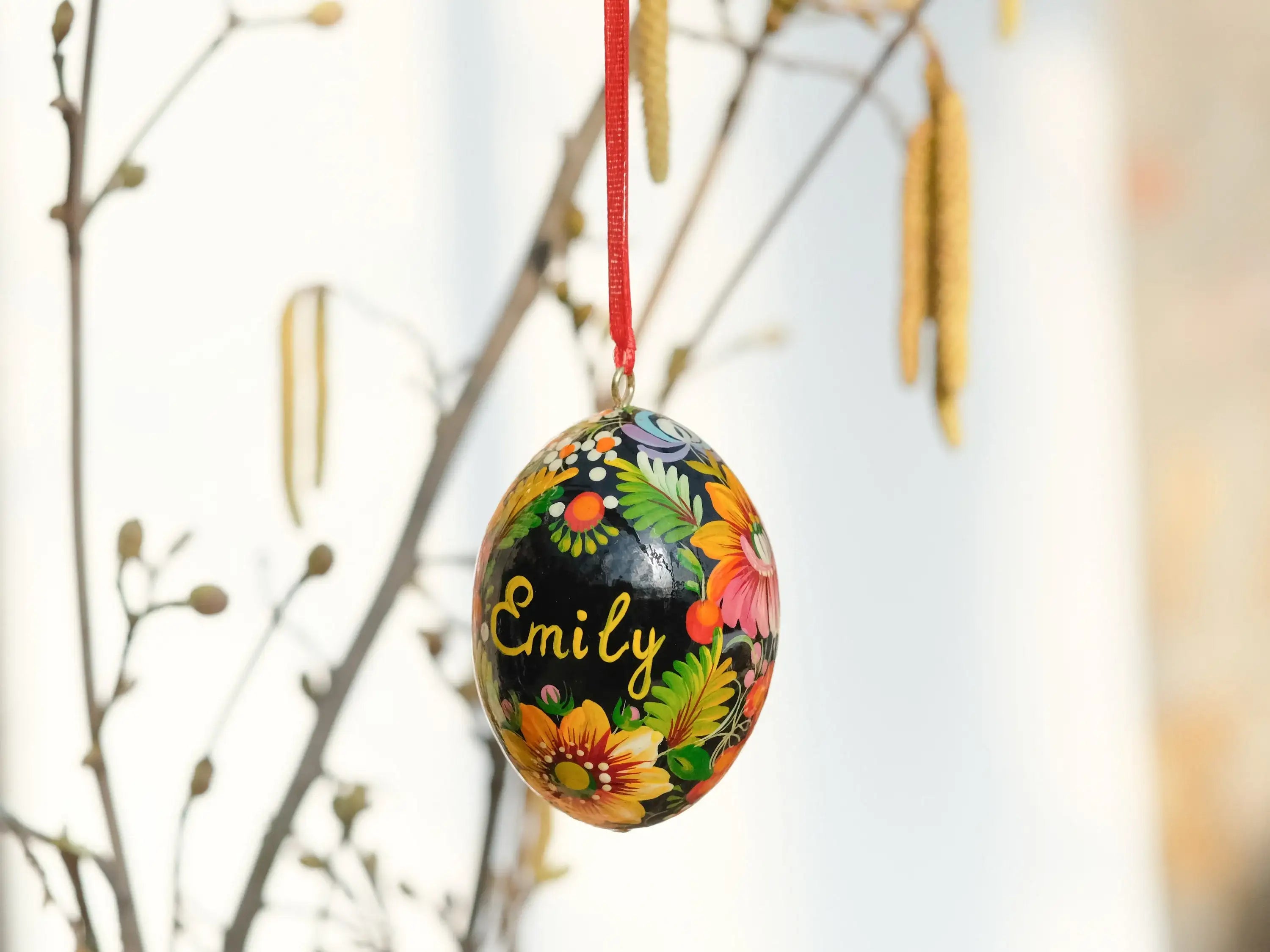 Personalized Hand-painted Wooden Easter Egg with Ribbon - Ukrainian Pysanky