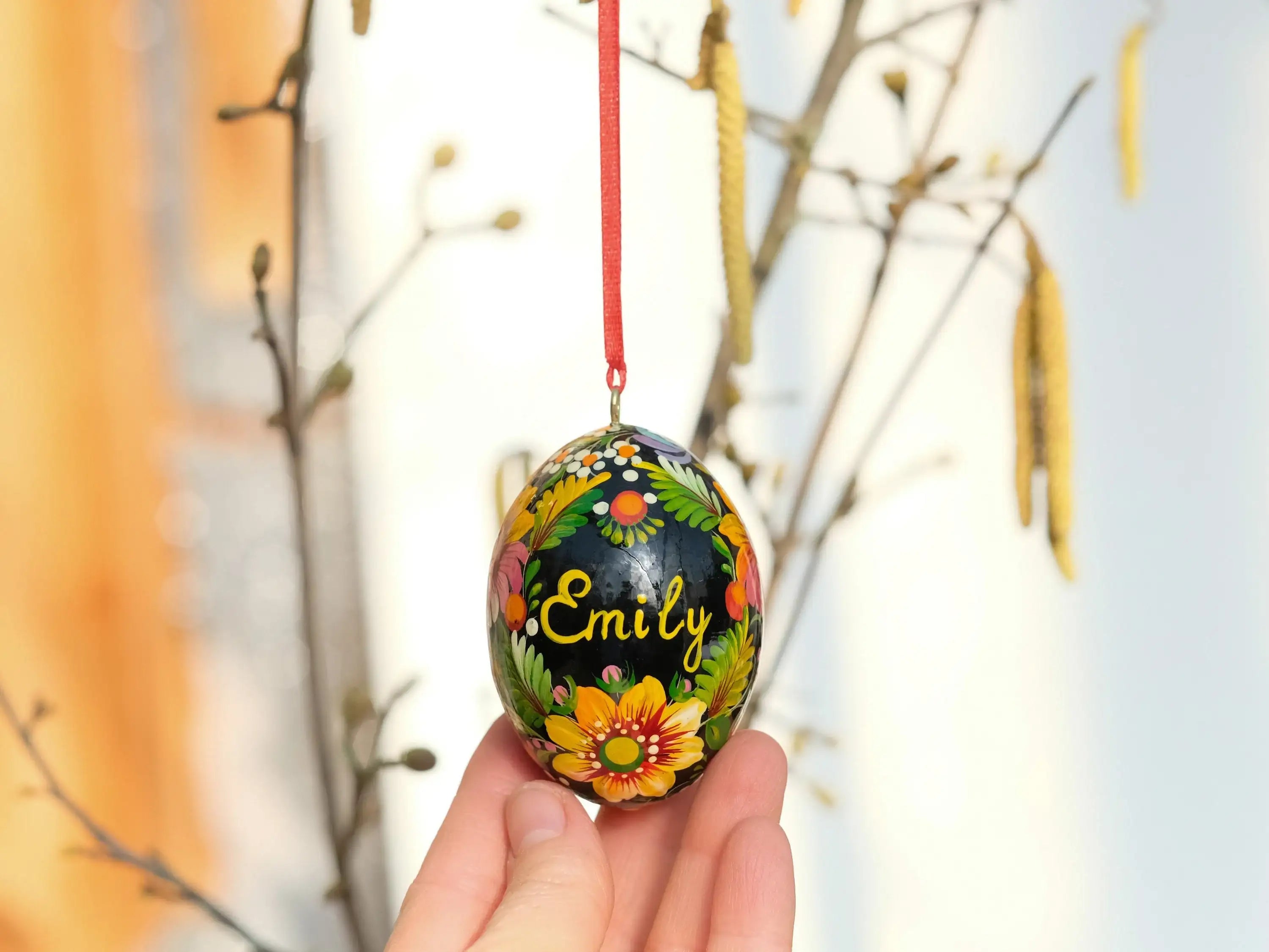 Personalized Hand-painted Wooden Easter Egg with Ribbon - Ukrainian Pysanky