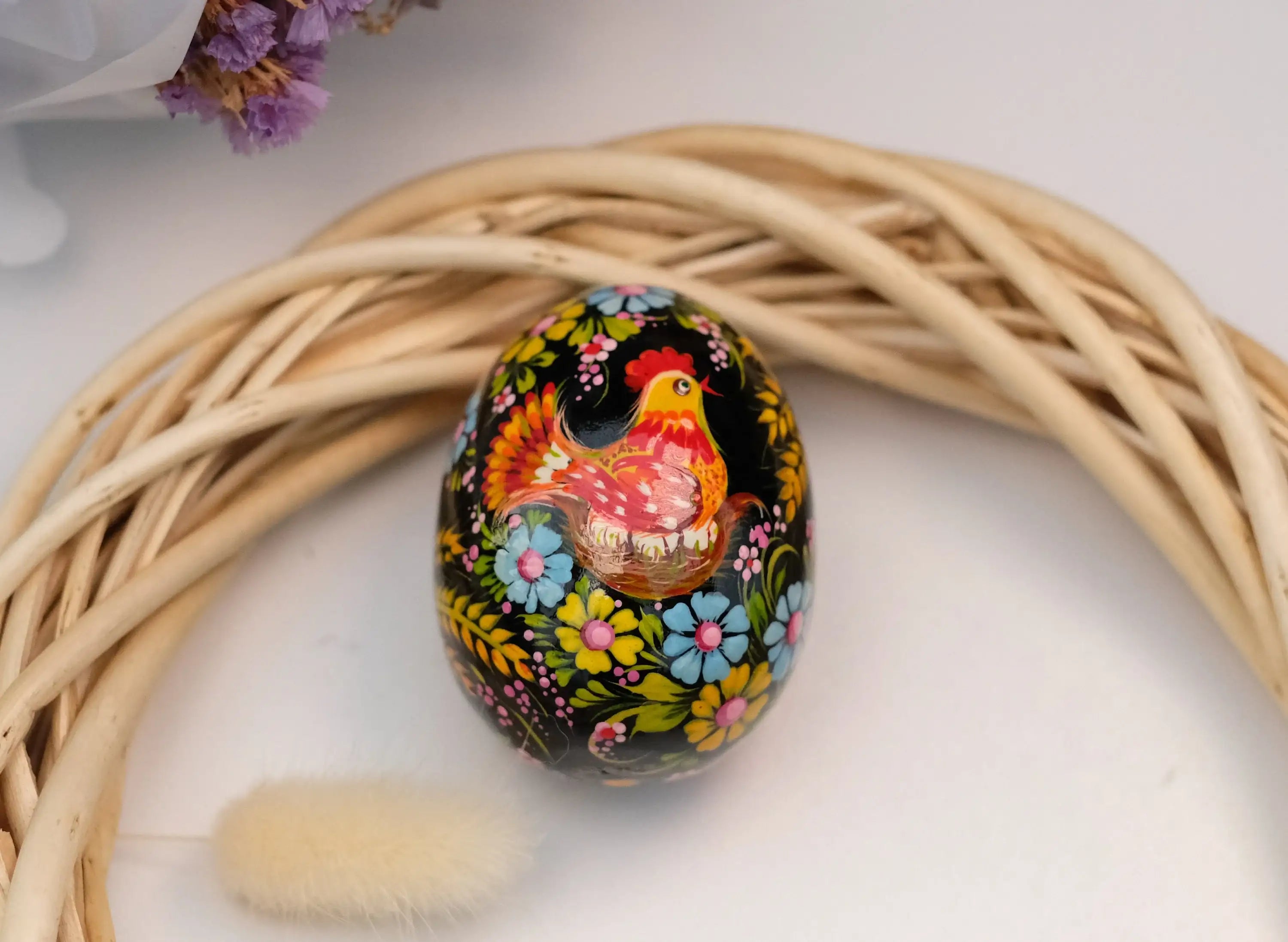 Chicken on Nest Easter Egg- Painted Wooden Ukrainian Pysanky Egg