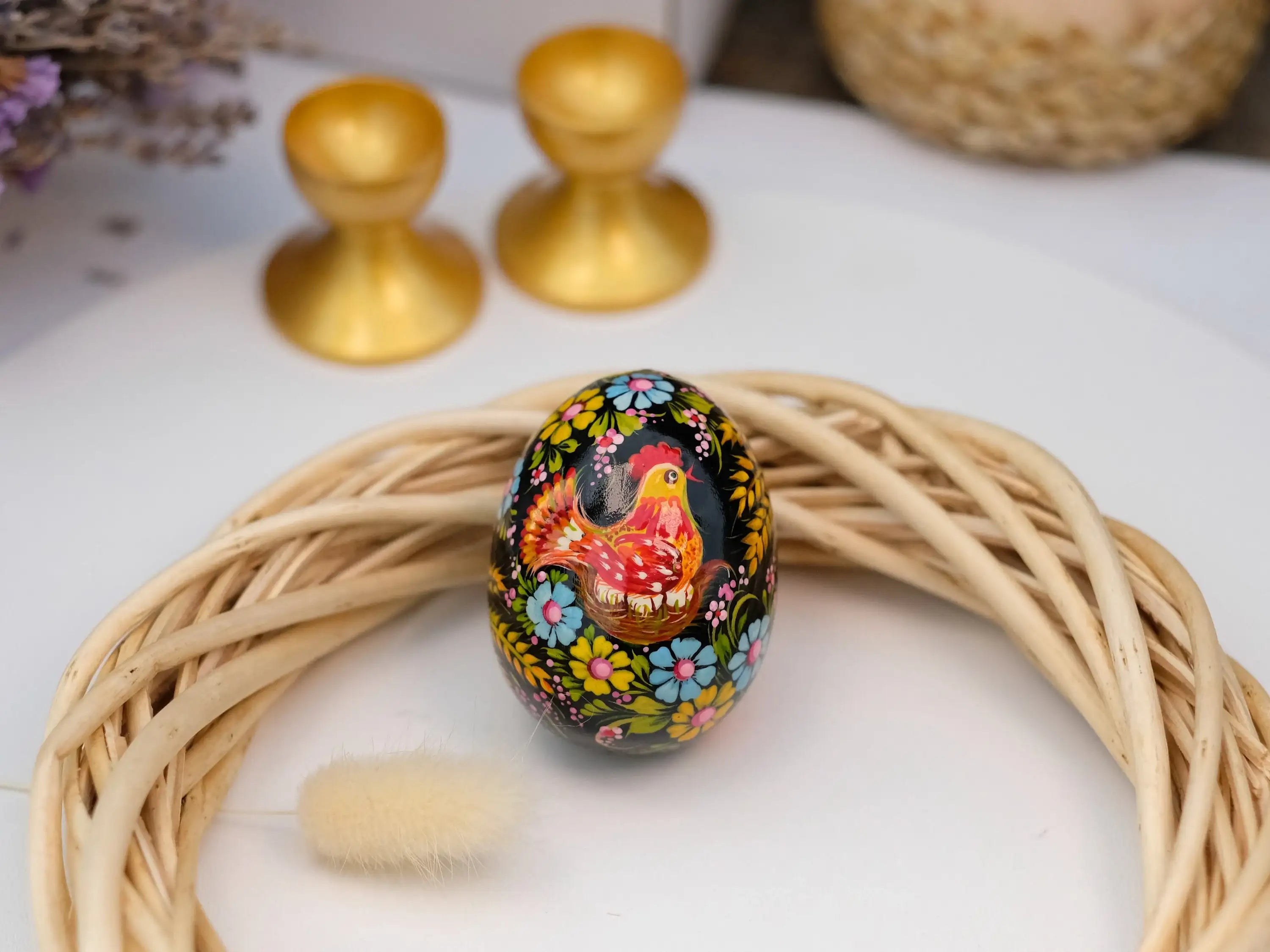 Chicken on Nest Easter Egg- Painted Wooden Ukrainian Pysanky Egg