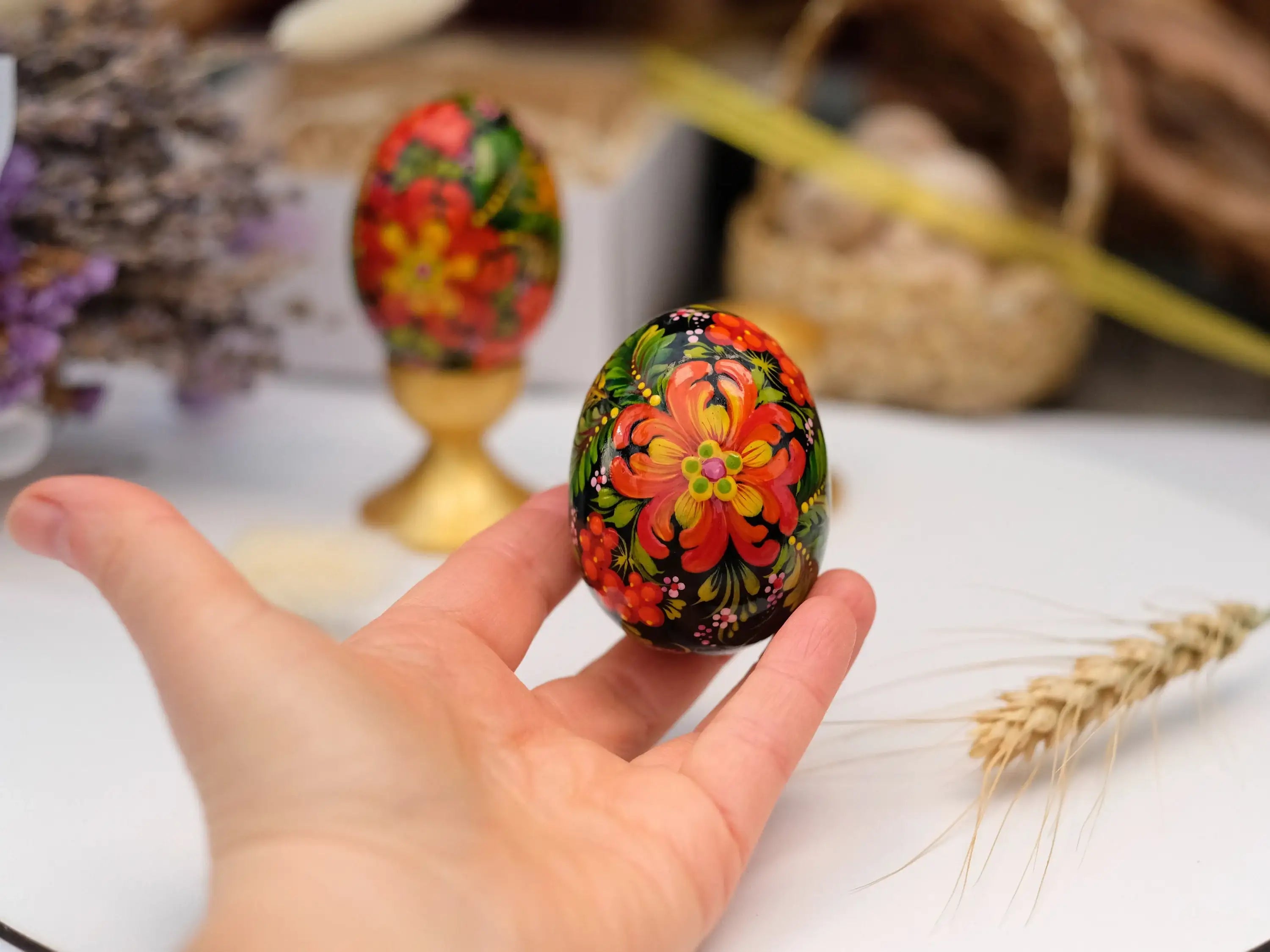 Chicken on Nest Easter Egg- Painted Wooden Ukrainian Pysanky Egg