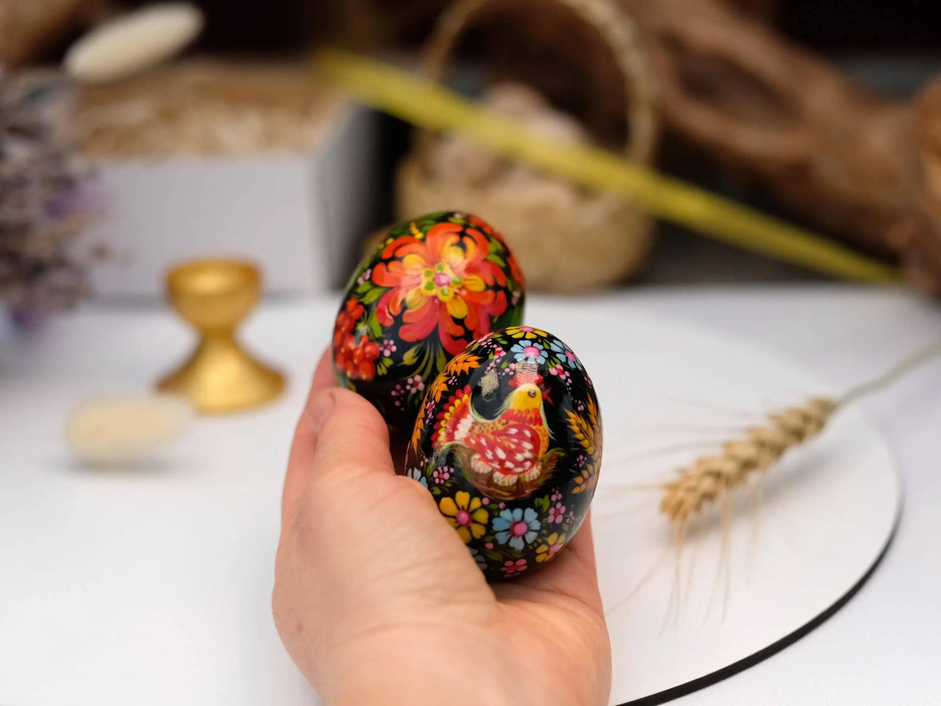 Chicken on Nest Easter Egg- Painted Wooden Ukrainian Pysanky Egg