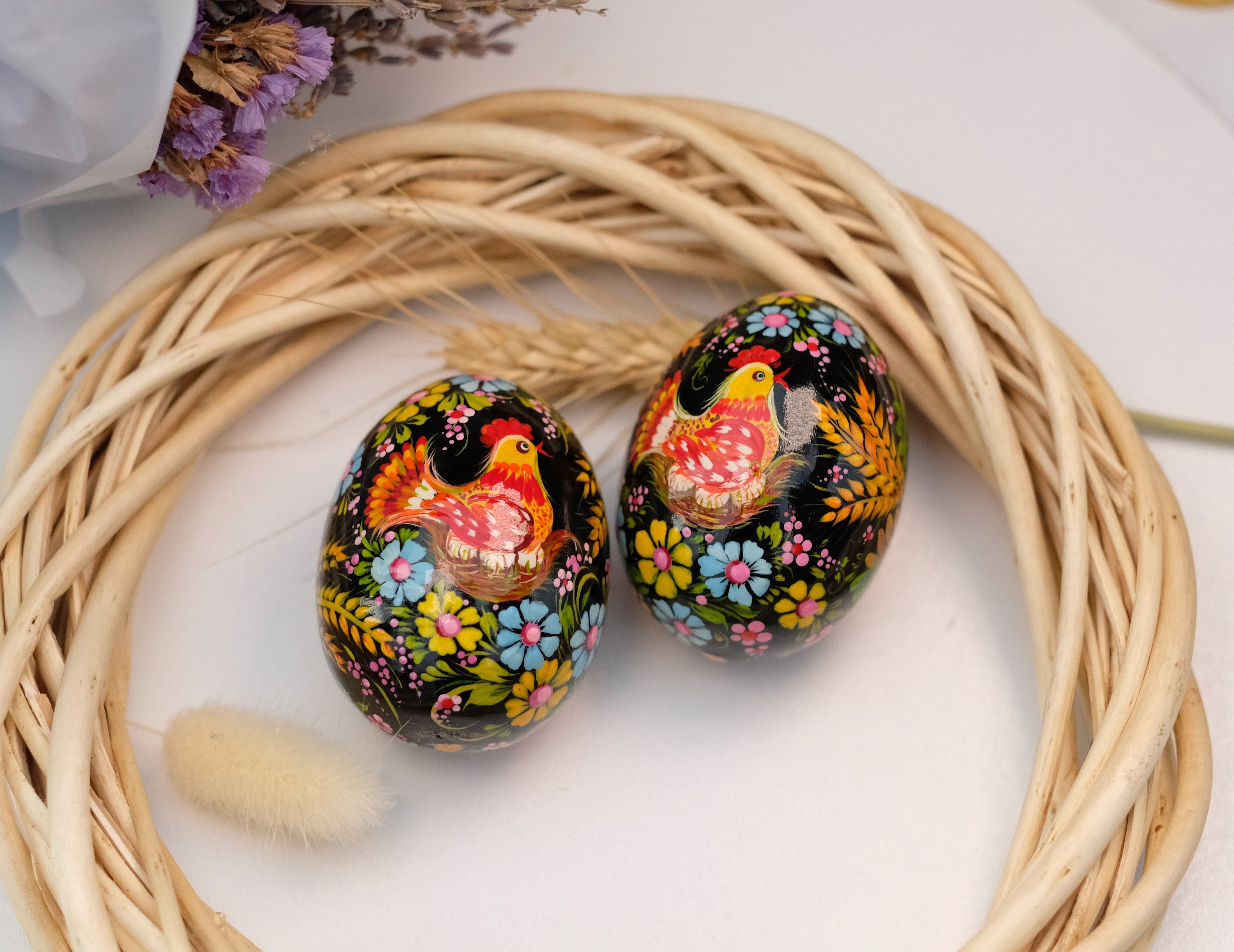 Chicken on Nest Easter Egg- Painted Wooden Ukrainian Pysanky Egg