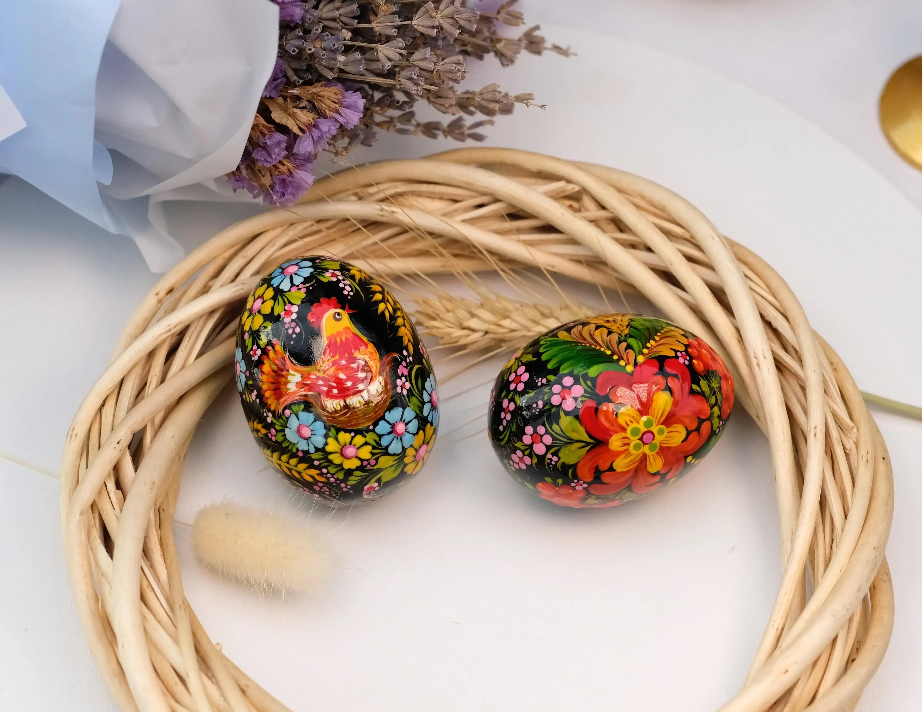 Chicken on Nest Easter Egg- Painted Wooden Ukrainian Pysanky Egg