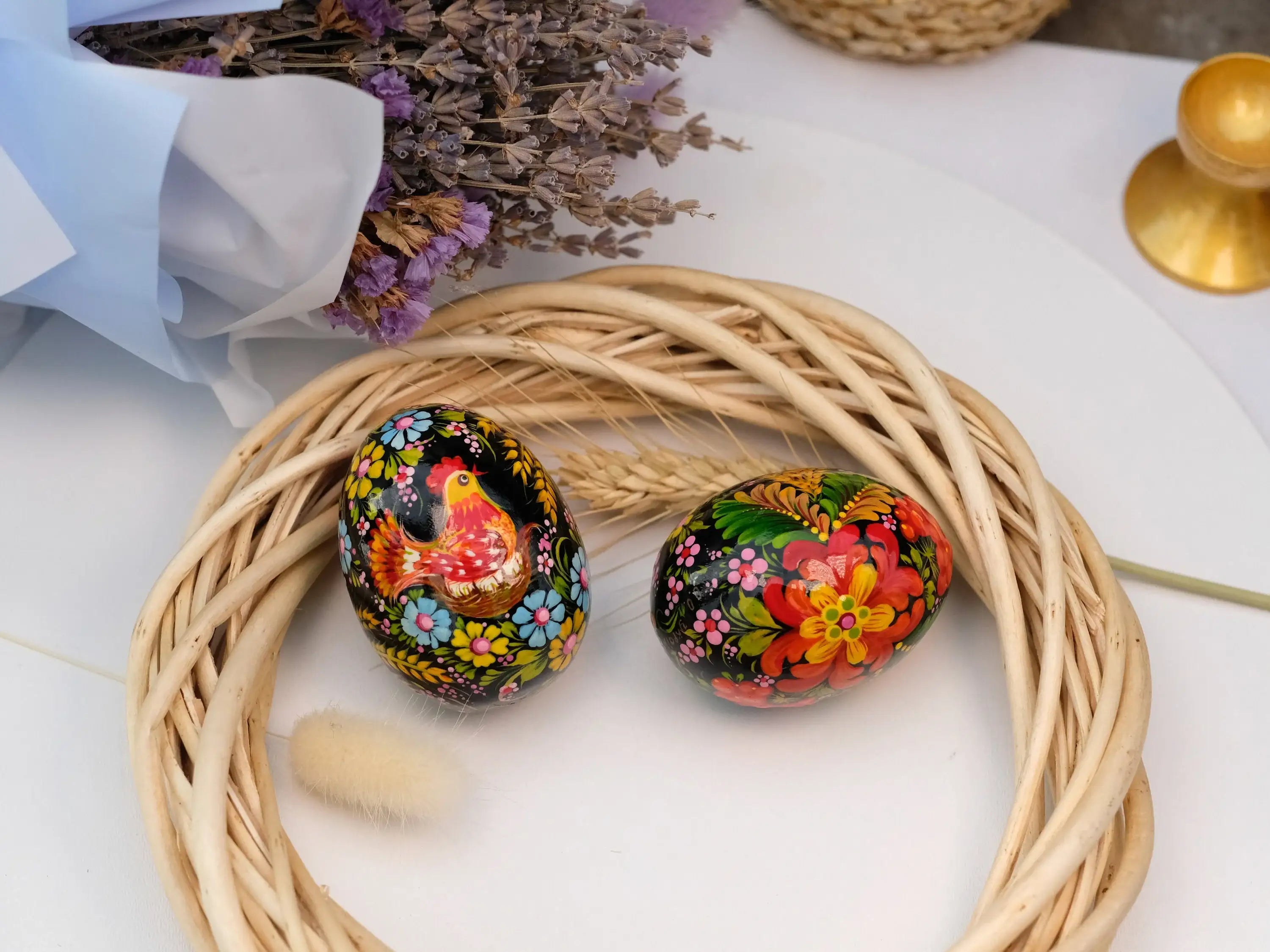Chicken on Nest Easter Egg- Painted Wooden Ukrainian Pysanky Egg