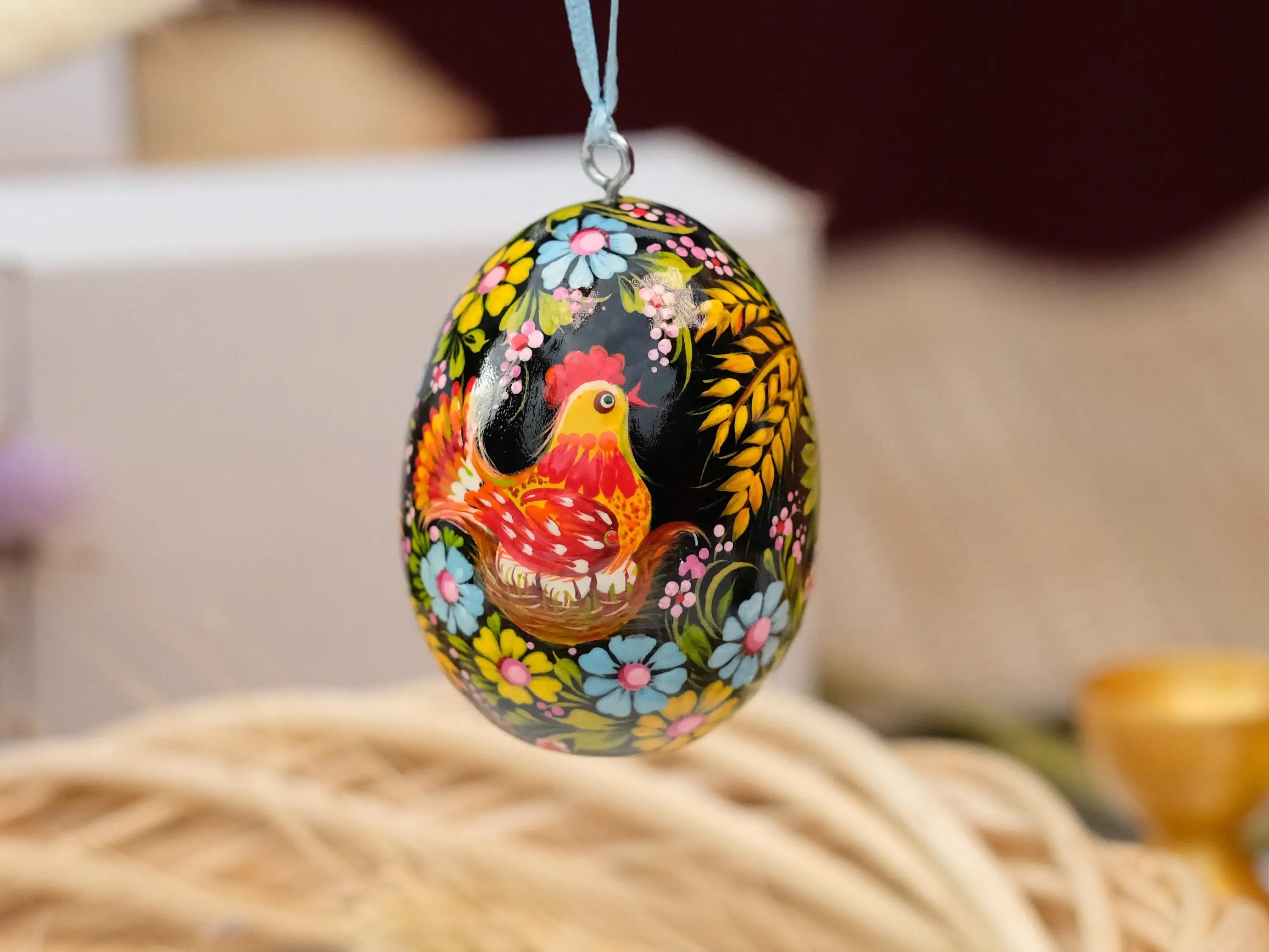 Painted Wooden Chicken on Nest Easter Egg Ornament with Ribbon