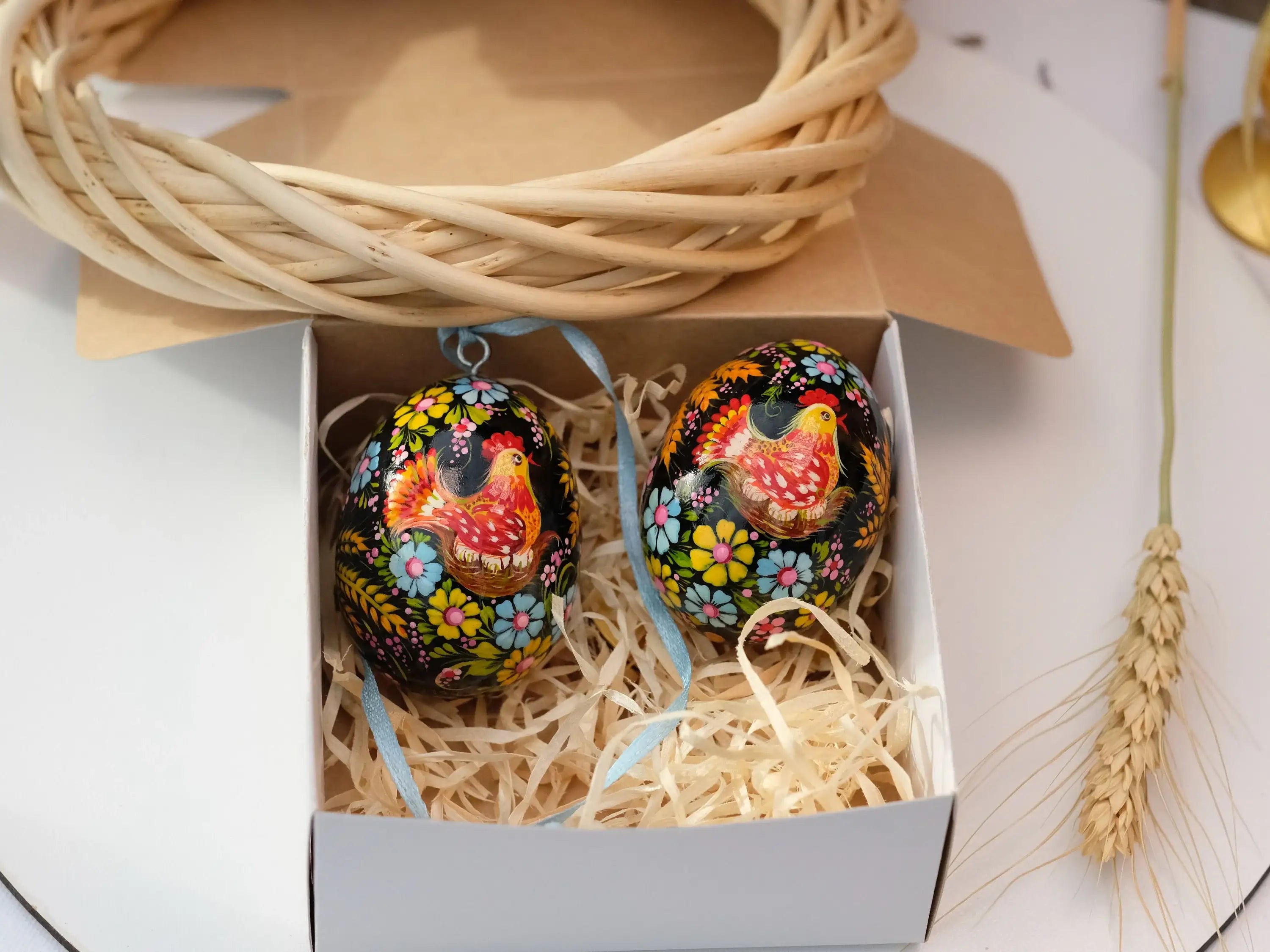 Painted Wooden Chicken on Nest Easter Egg Ornament with Ribbon