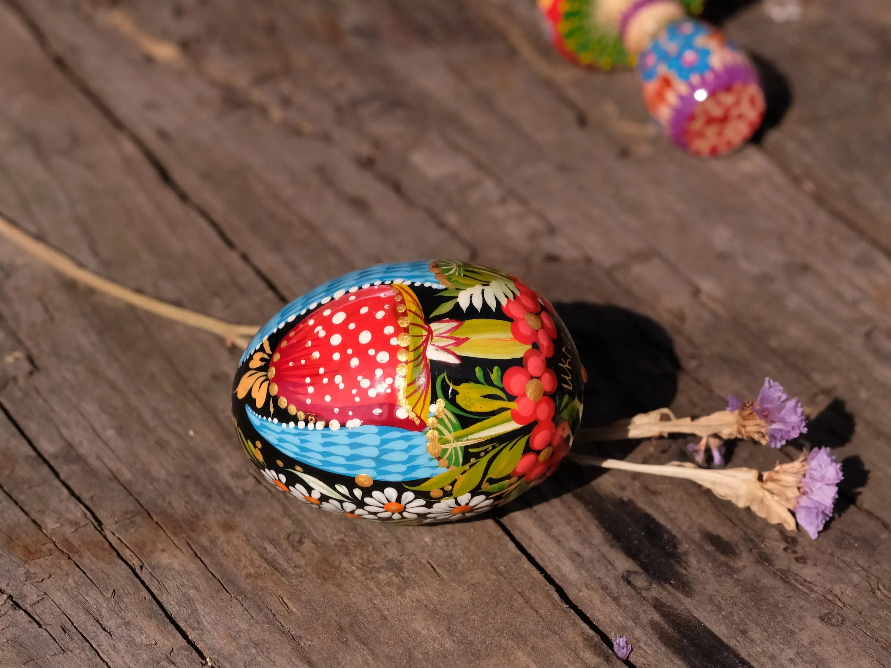 Painted Wooden Mushroom Easter Egg - Ukrainian Pysanky Egg