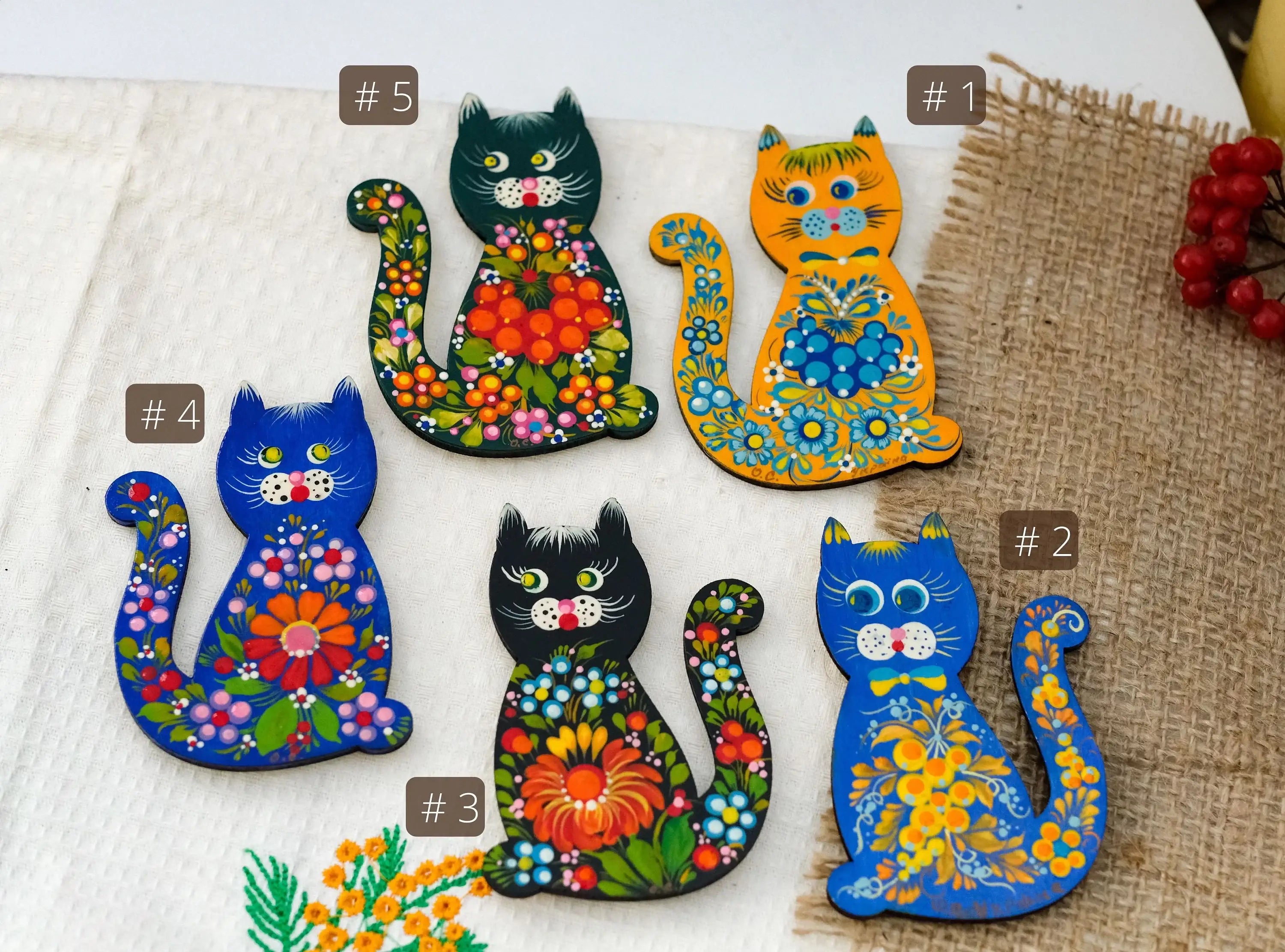 Painted Wooden Ukrainian Cat Fridge Magnet - Cute Animal Figure Locker Magnet