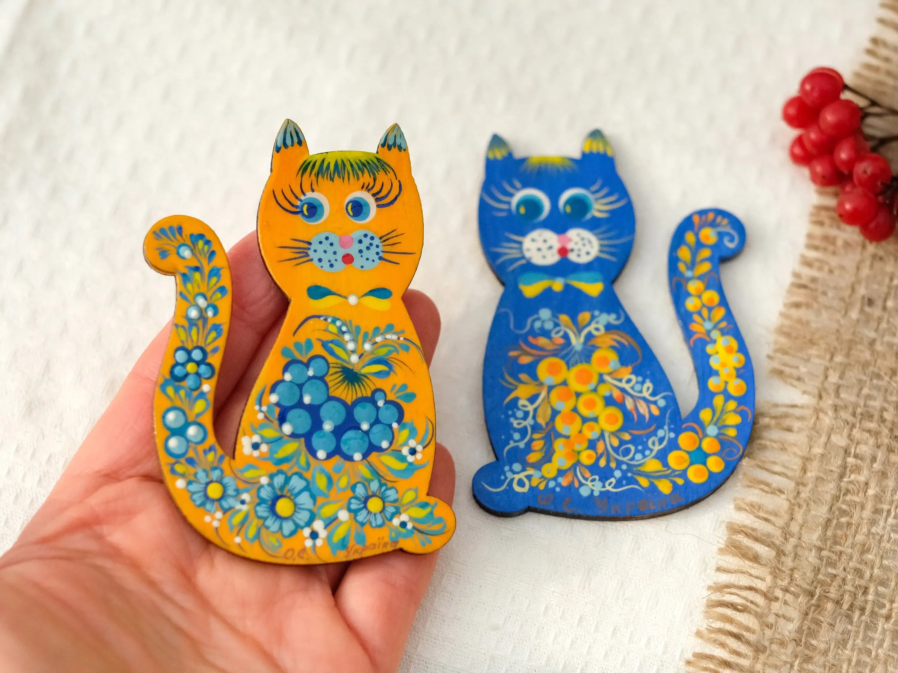 Painted Wooden Ukrainian Cat Fridge Magnet - Cute Animal Figure Locker Magnet