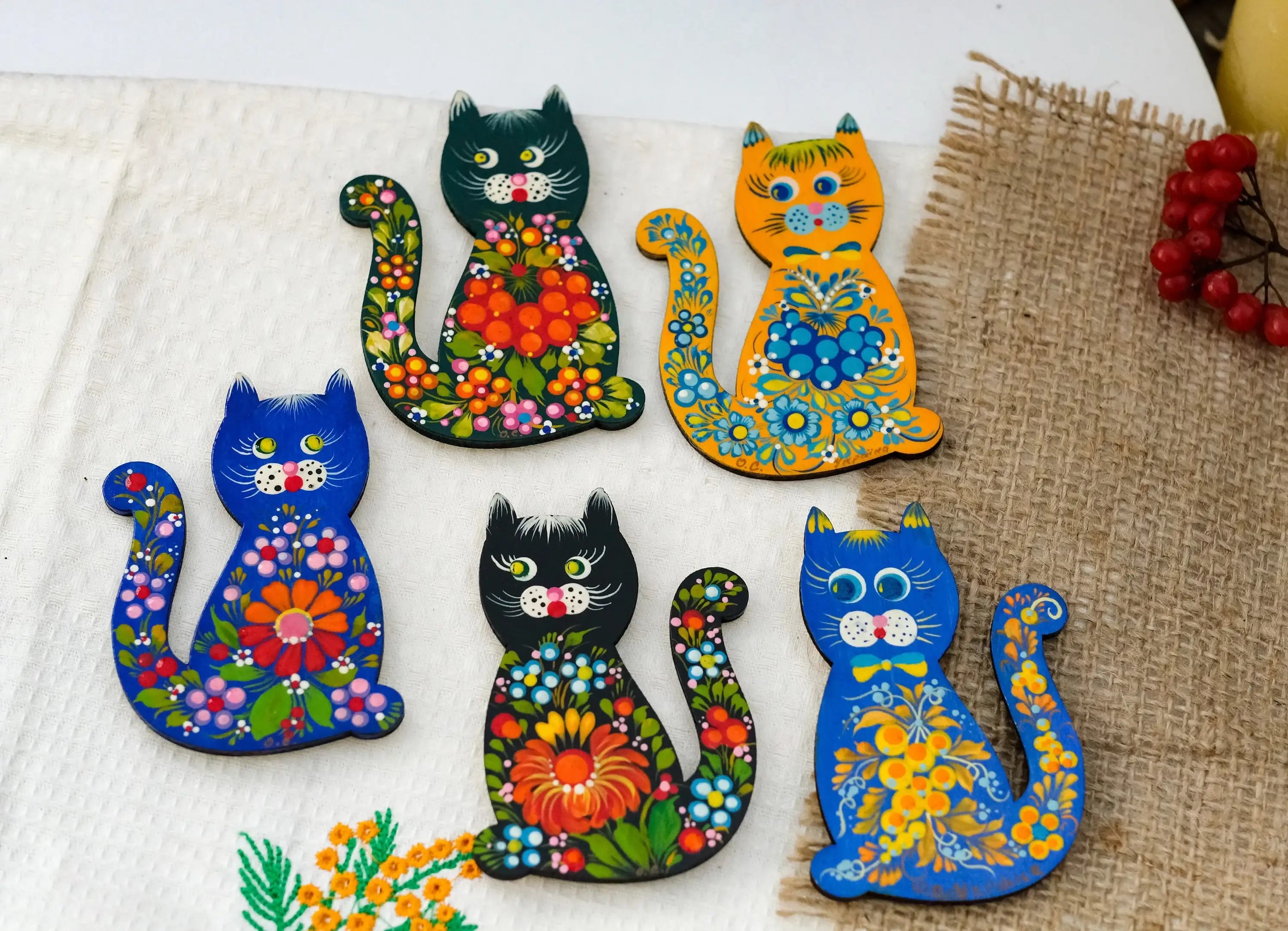 Painted Wooden Ukrainian Cat Fridge Magnet - Cute Animal Figure Locker Magnet