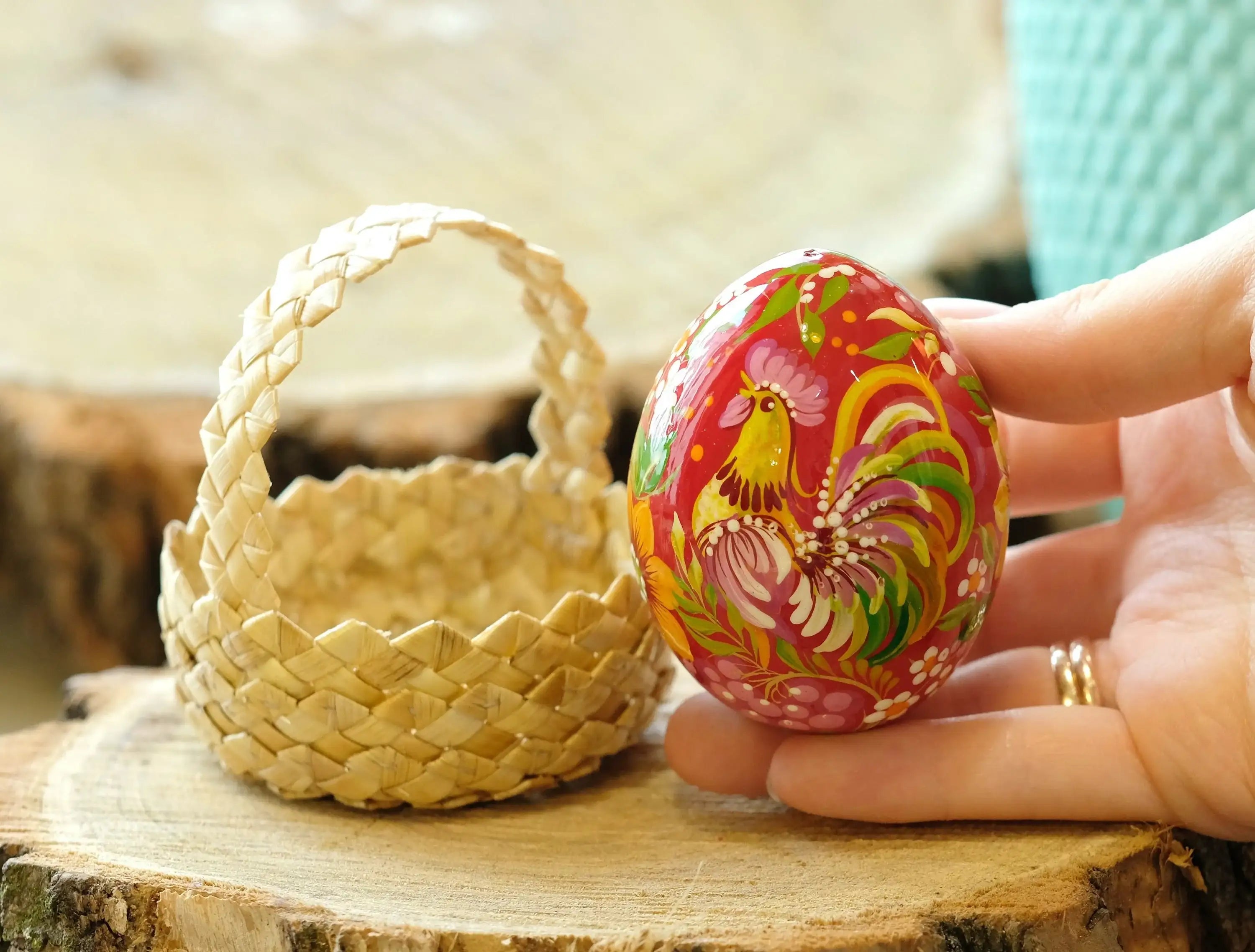 Hand-painted Ukrainian Easter Egg - Petrykivka Wooden Rooster Egg
