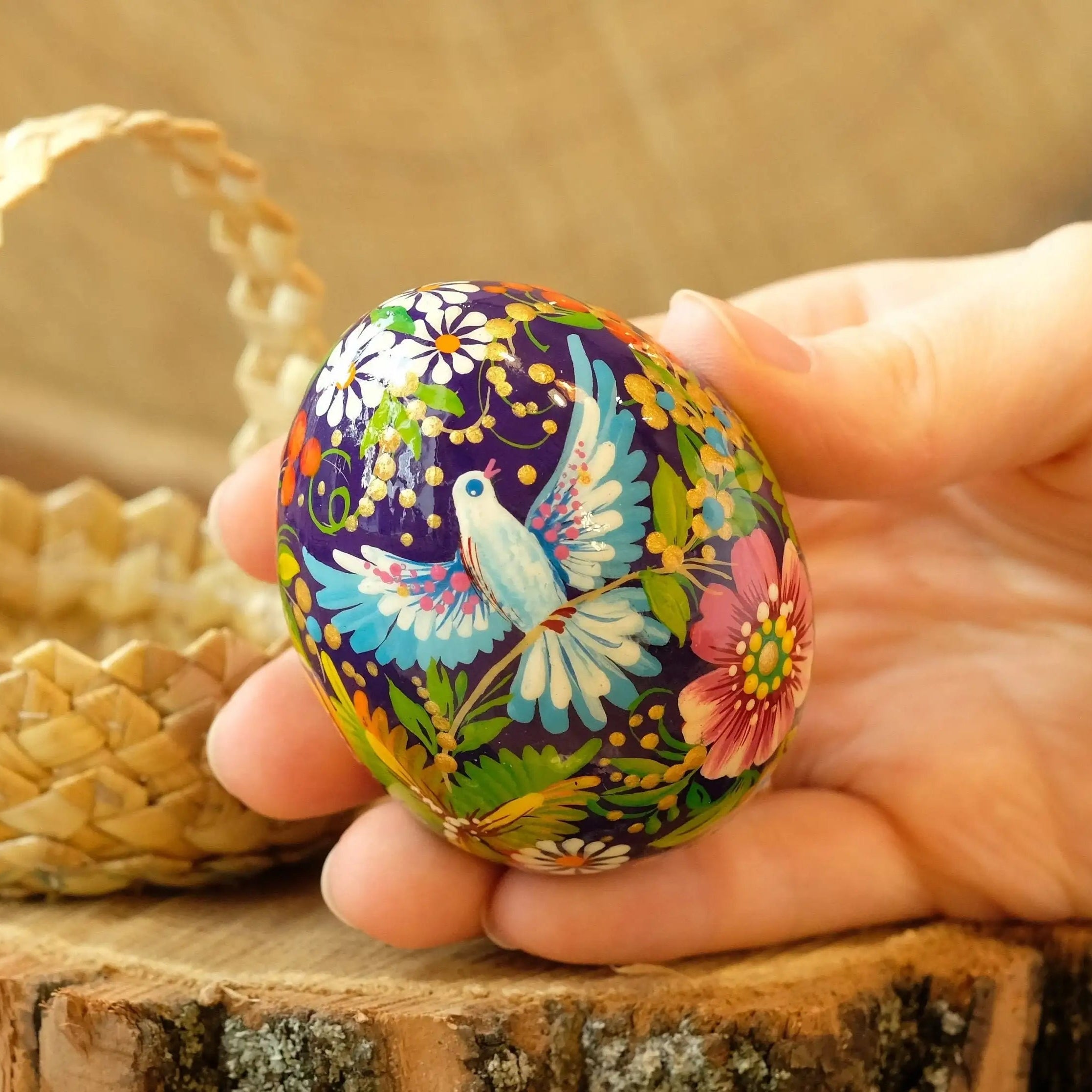 Painted Dove Ukrainian Pysanky Egg Ornament Carved from Wood