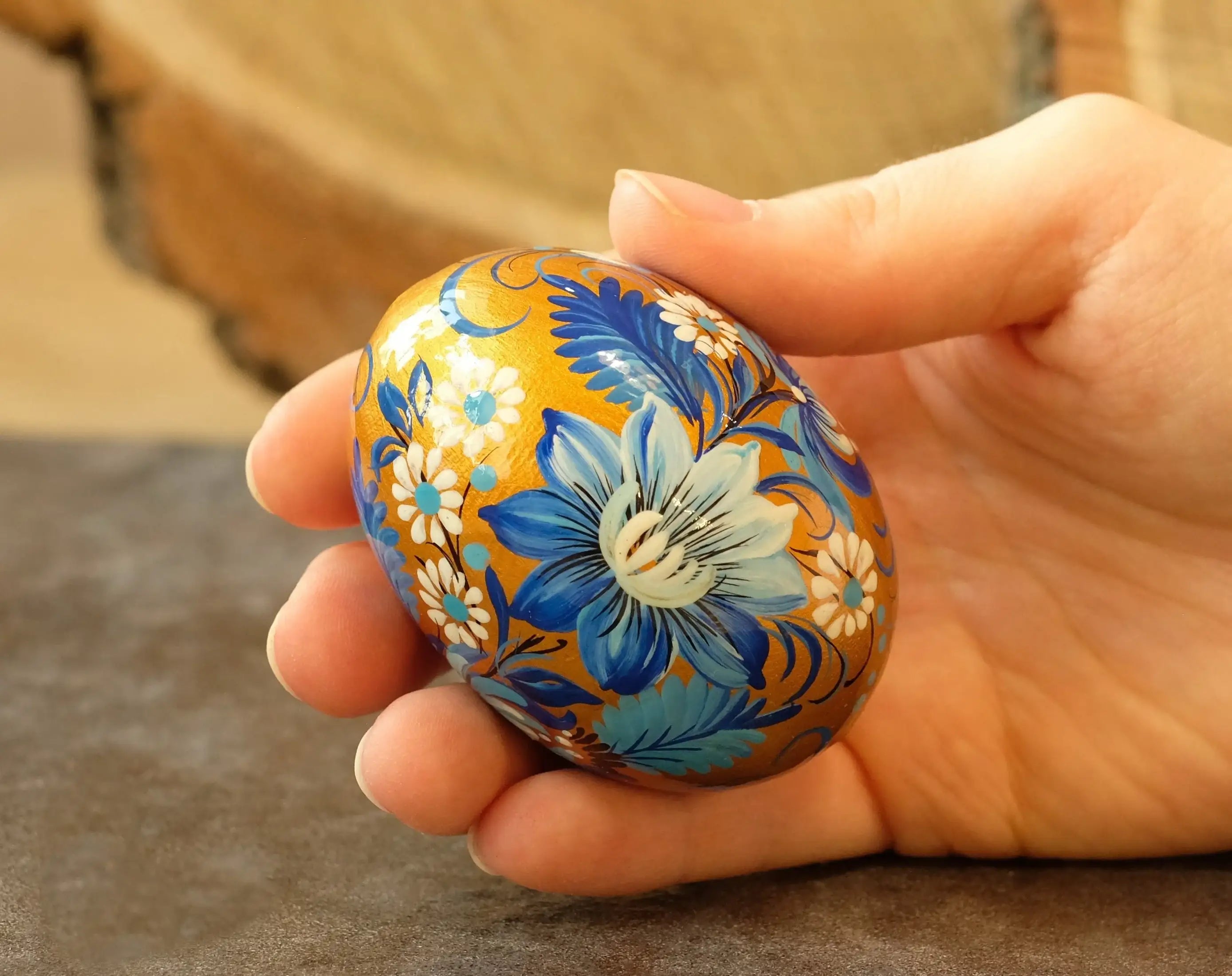 Painted Ukrainian Pysanky Egg Ornament Carved from Wood