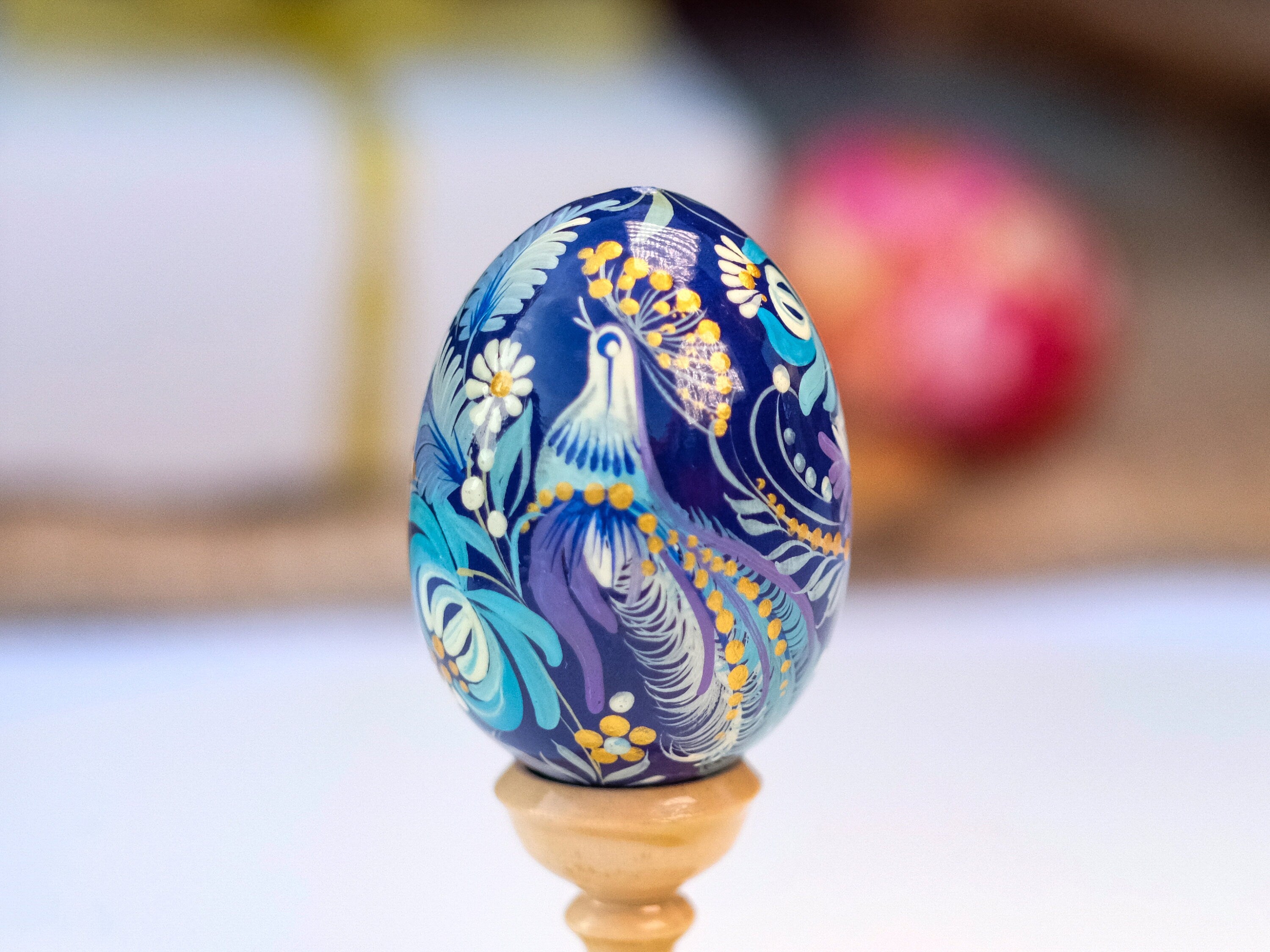 Wooden Fairy Bird Easter Egg Hand-painted with Petrykivka Painting