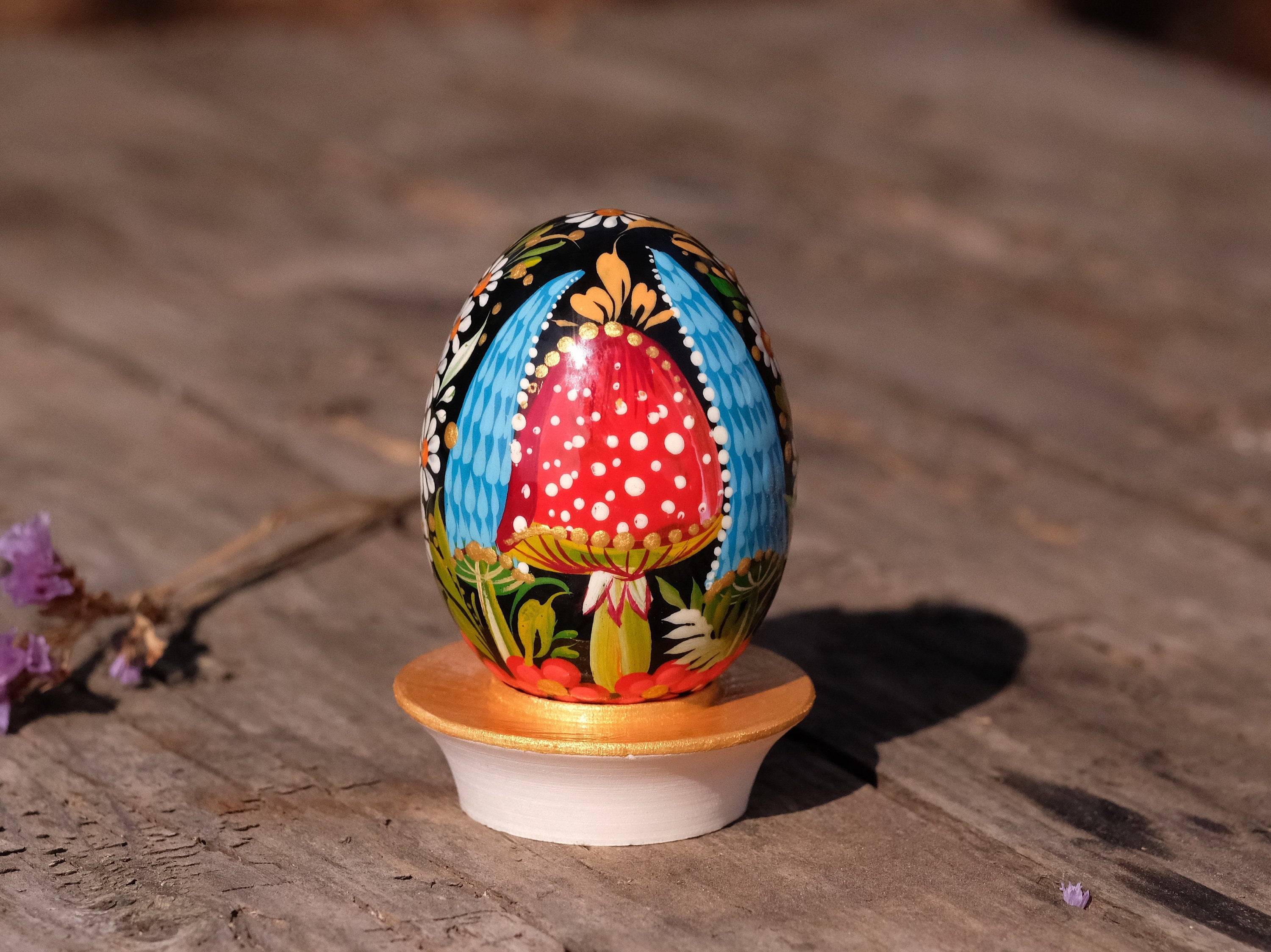 Painted Wooden Mushroom Easter Egg - Ukrainian Pysanky Egg