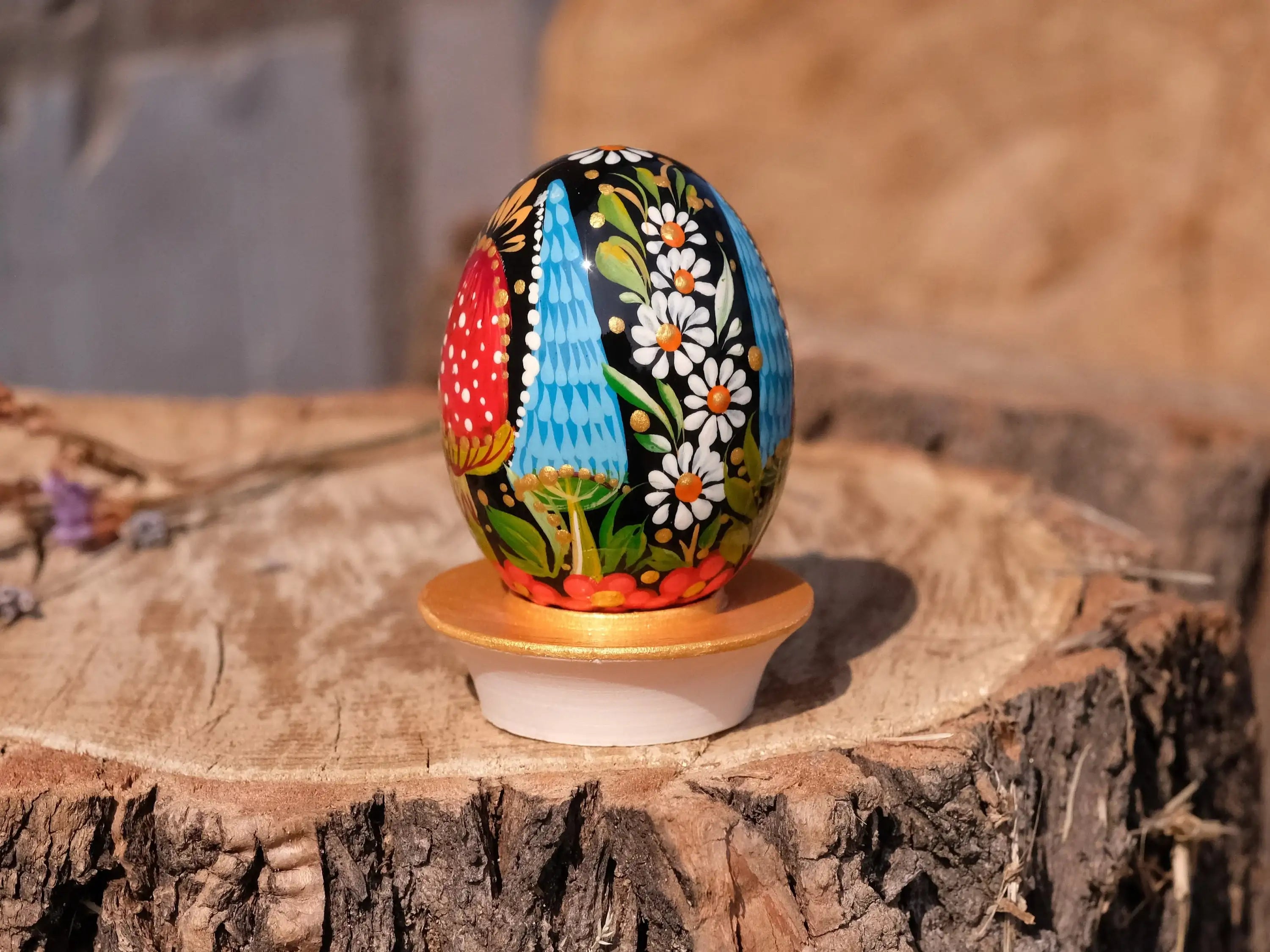 Painted Wooden Mushroom Easter Egg - Ukrainian Pysanky Egg