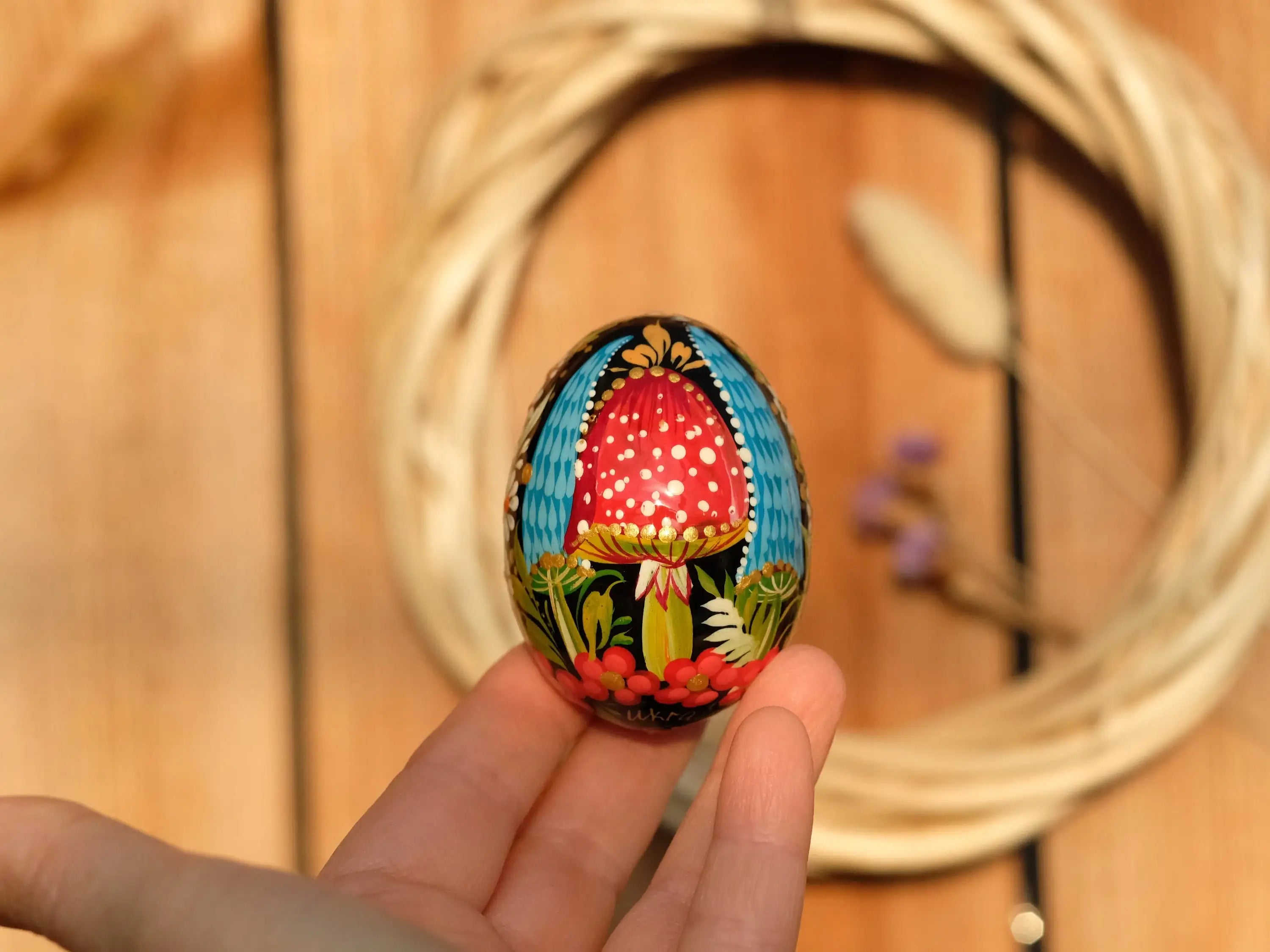 Painted Wooden Mushroom Easter Egg - Ukrainian Pysanky Egg
