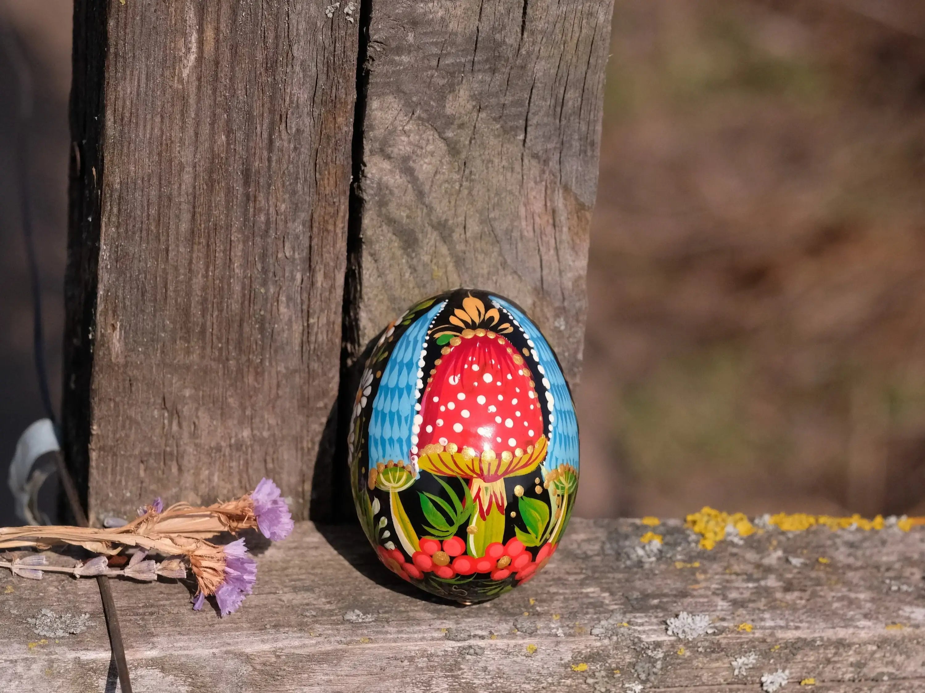 Painted Wooden Mushroom Easter Egg - Ukrainian Pysanky Egg