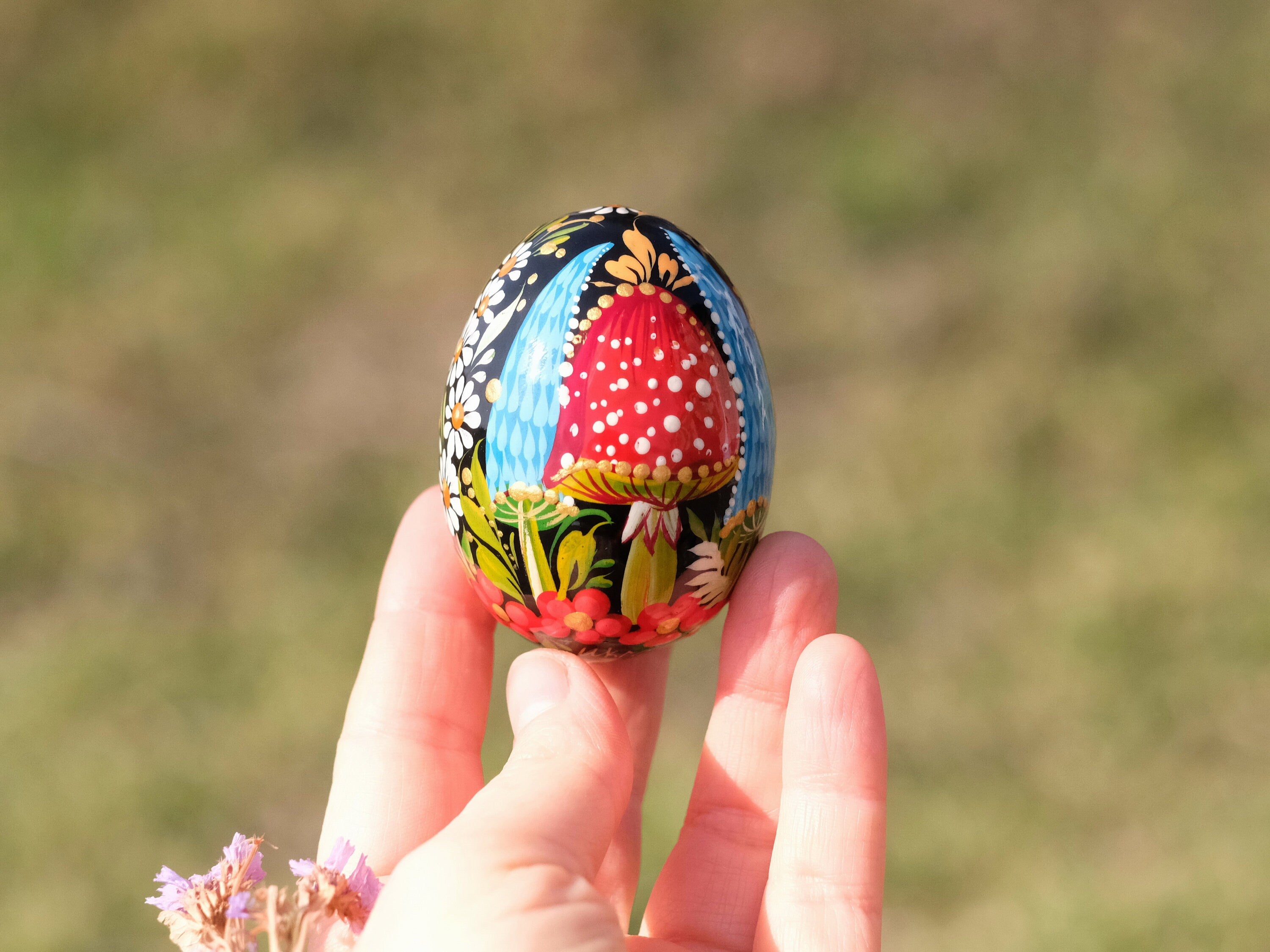 Ukranian Mushroom Easter Egg Ornament - Hand-painted Ukrainian Pysanky