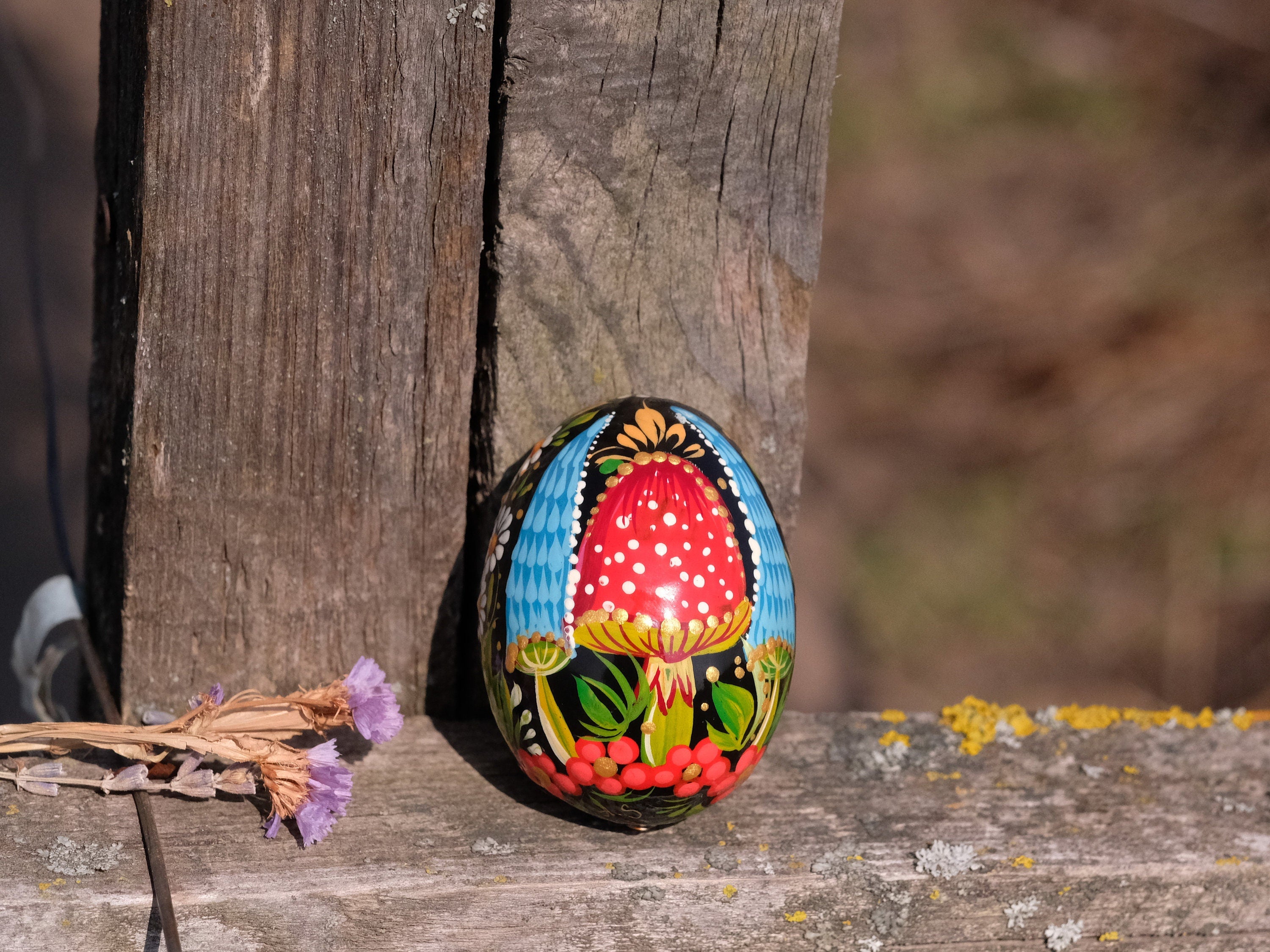 Ukranian Mushroom Easter Egg Ornament - Hand-painted Ukrainian Pysanky