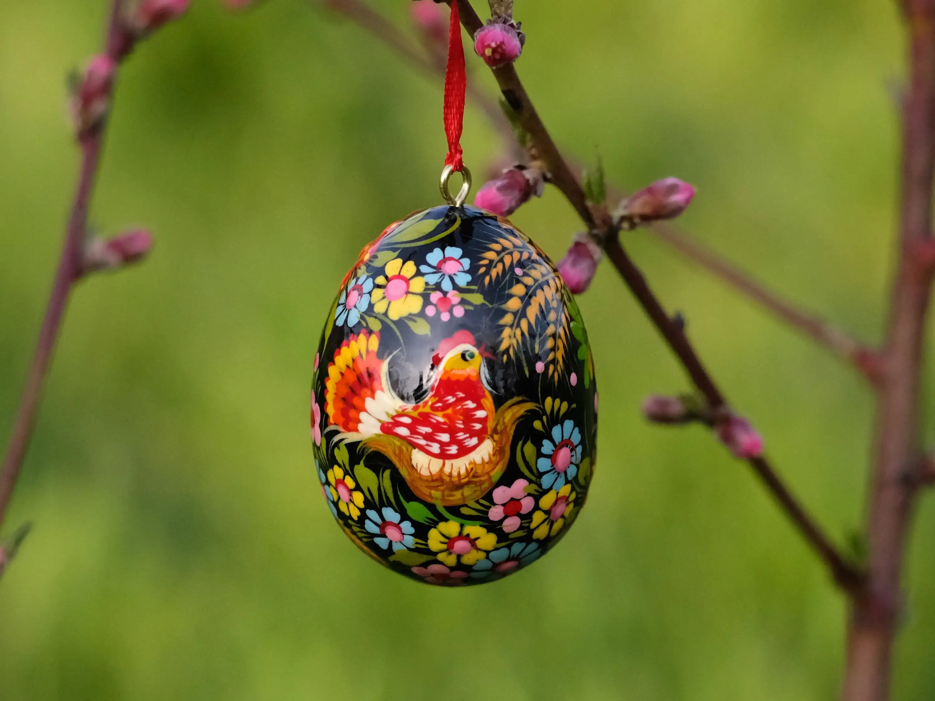 Painted Wooden Chicken on Nest Easter Egg Ornament with Ribbon