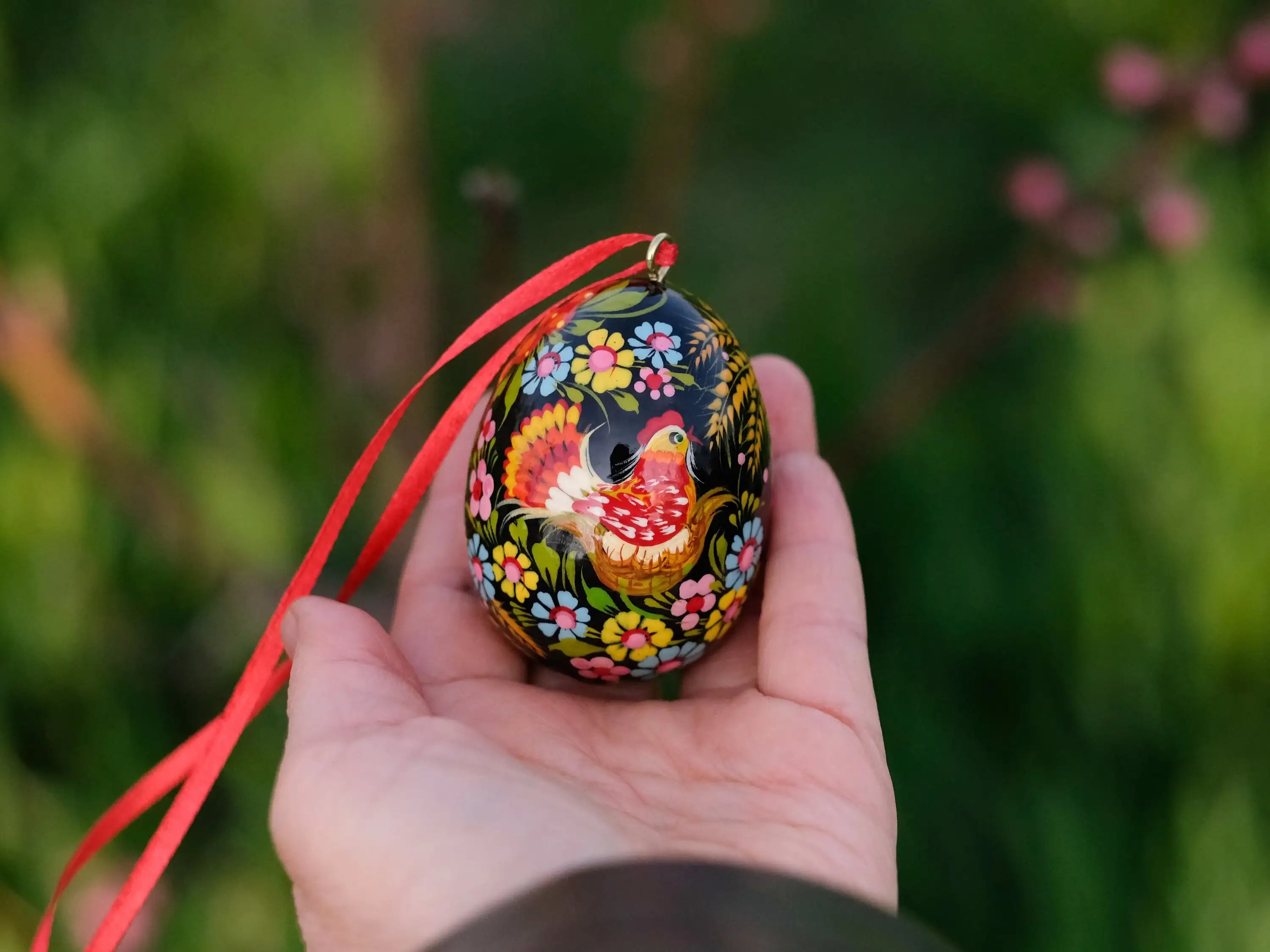 Painted Wooden Chicken on Nest Easter Egg Ornament with Ribbon