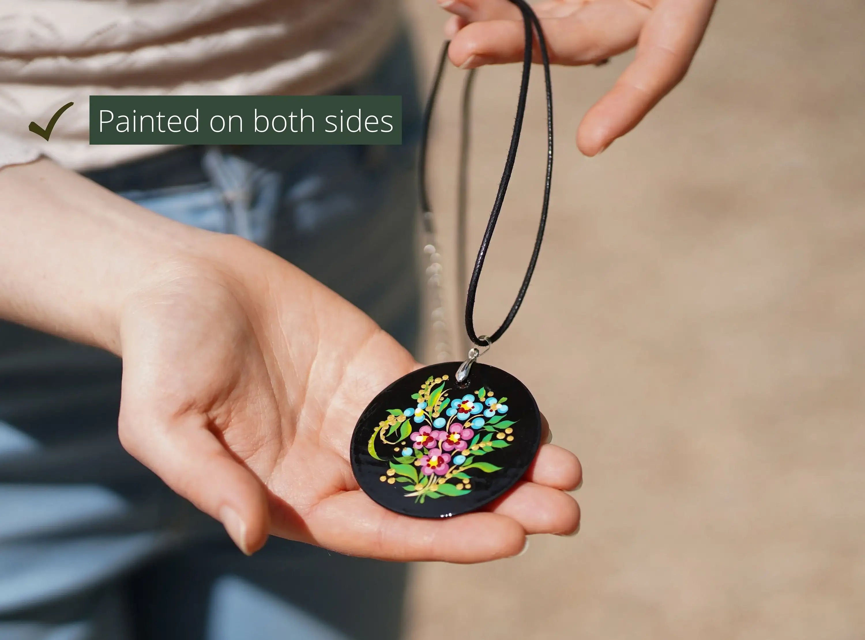 Painted Wooden Hummingbird Pendant Necklace - Artisanal Large Circle Statement Necklace