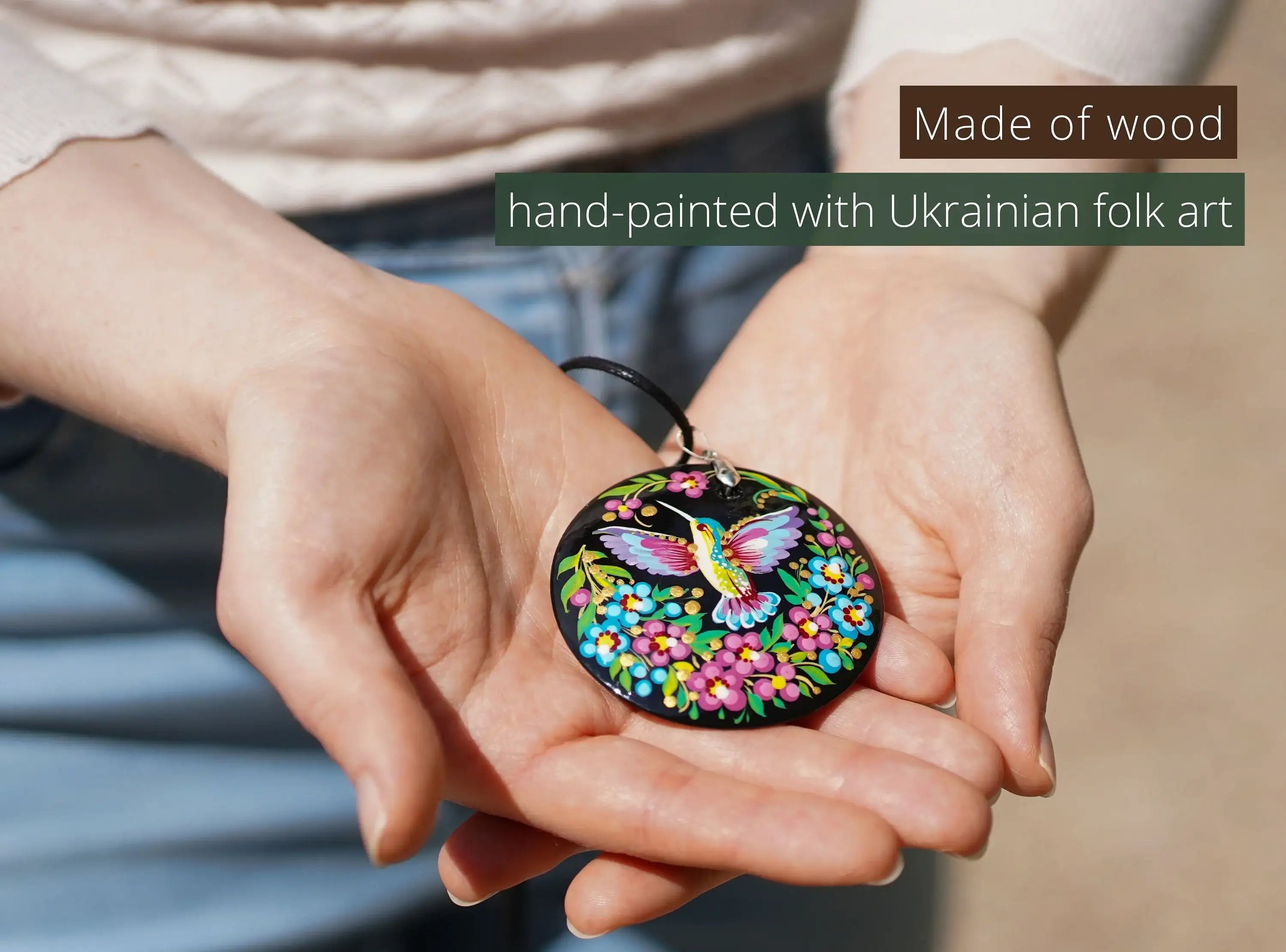 Painted Wooden Hummingbird Pendant Necklace - Artisanal Large Circle Statement Necklace