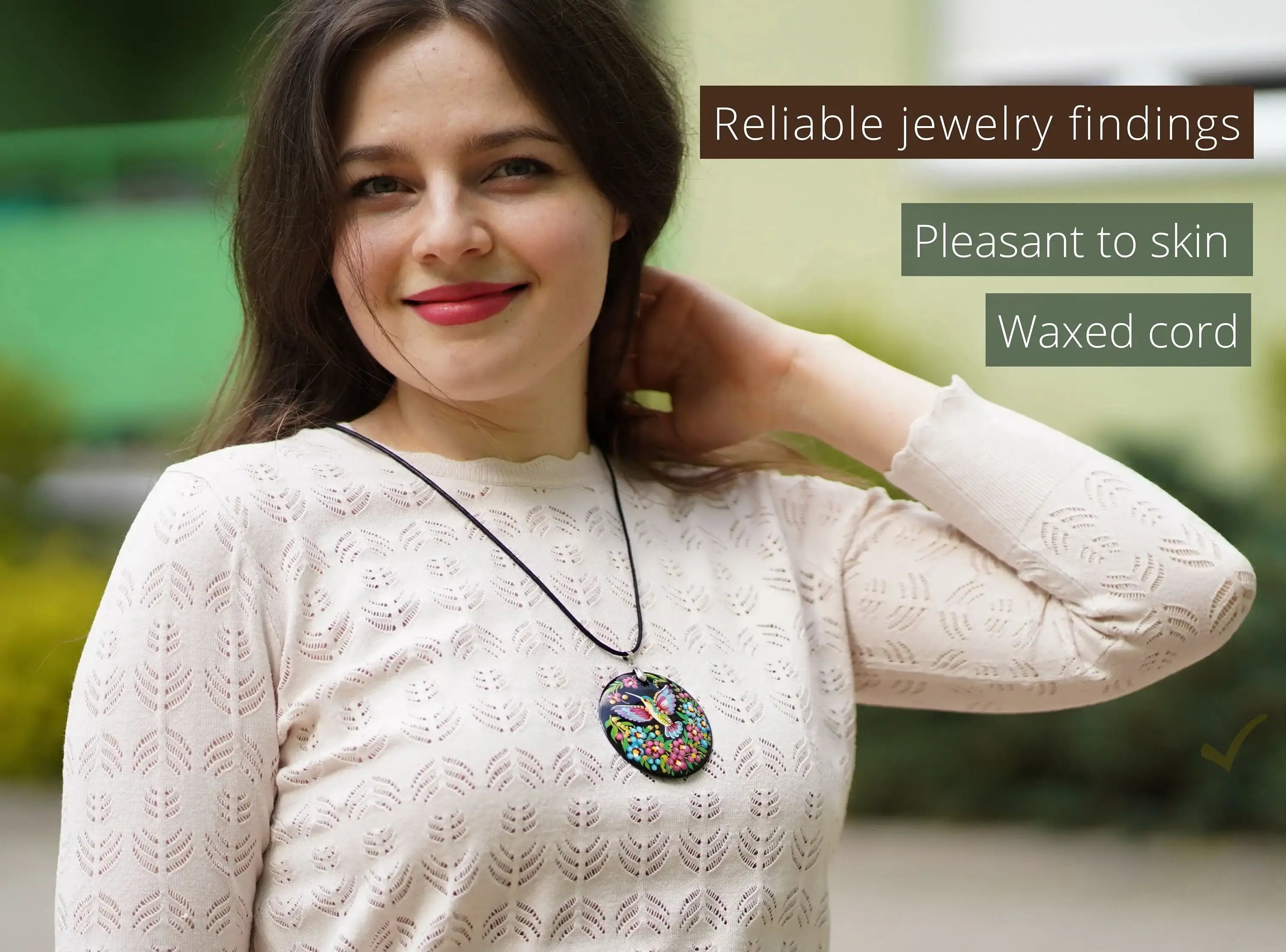 Painted Wooden Hummingbird Pendant Necklace - Artisanal Large Circle Statement Necklace