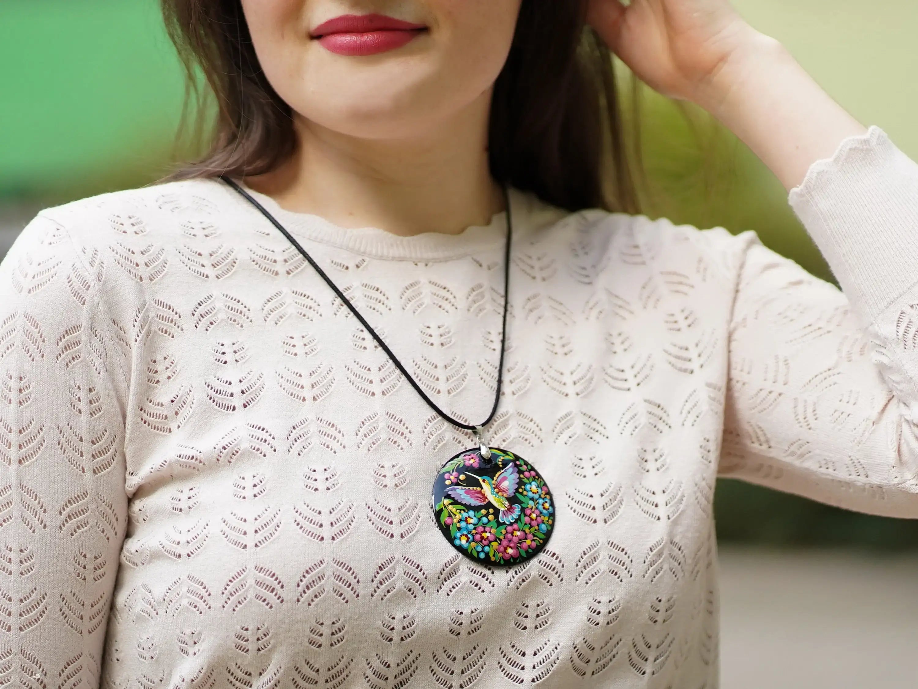 Painted Wooden Hummingbird Pendant Necklace - Artisanal Large Circle Statement Necklace