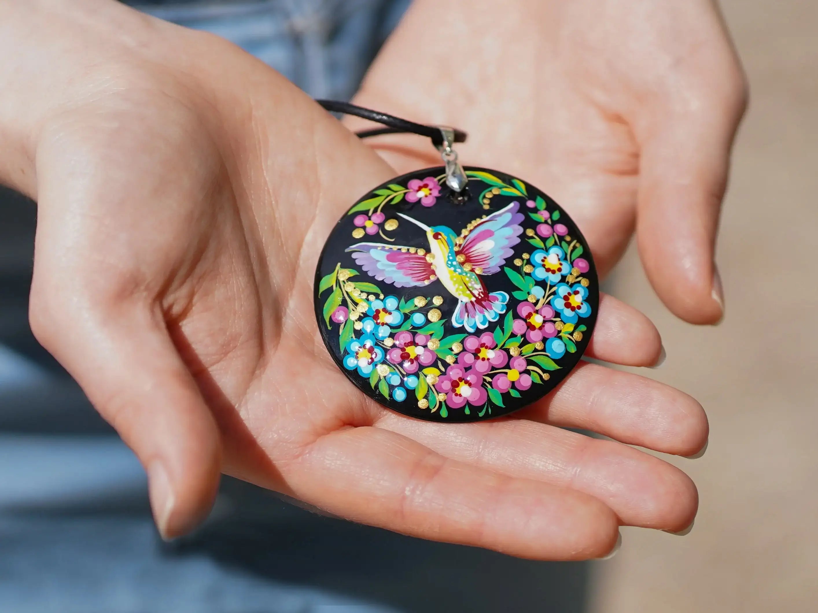 Painted Wooden Hummingbird Pendant Necklace - Artisanal Large Circle Statement Necklace