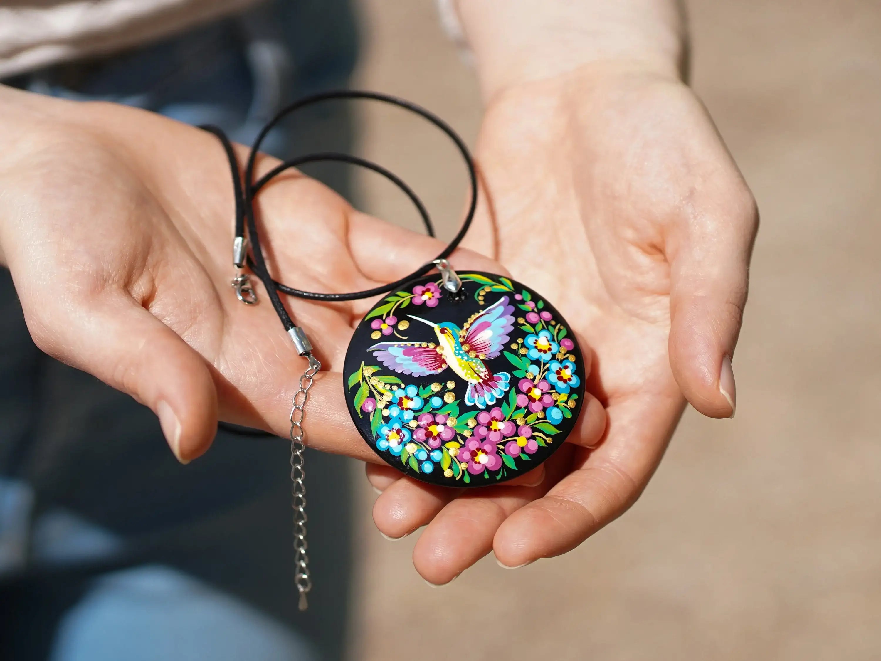 Painted Wooden Hummingbird Pendant Necklace - Artisanal Large Circle Statement Necklace