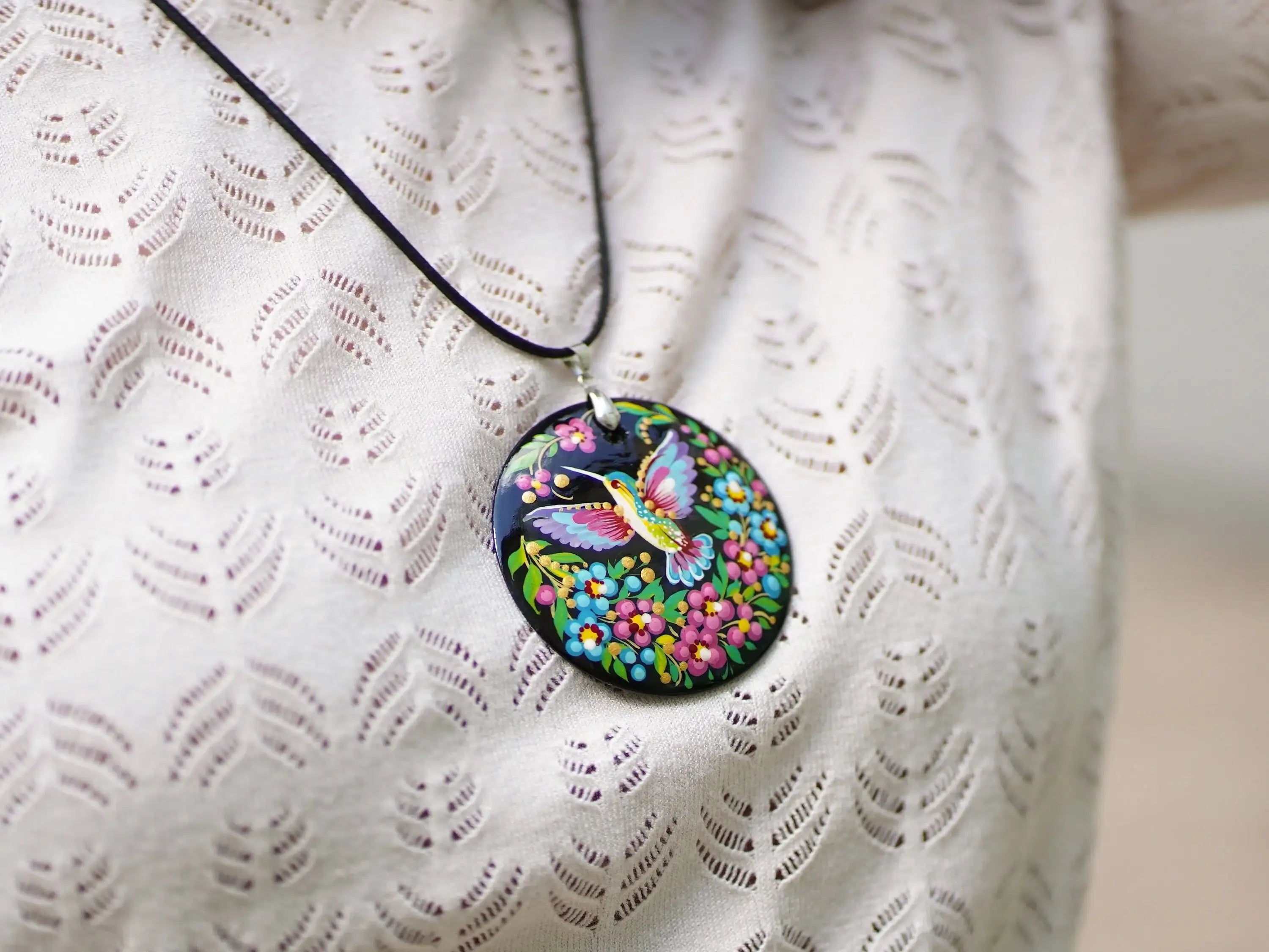 Painted Wooden Hummingbird Pendant Necklace - Artisanal Large Circle Statement Necklace