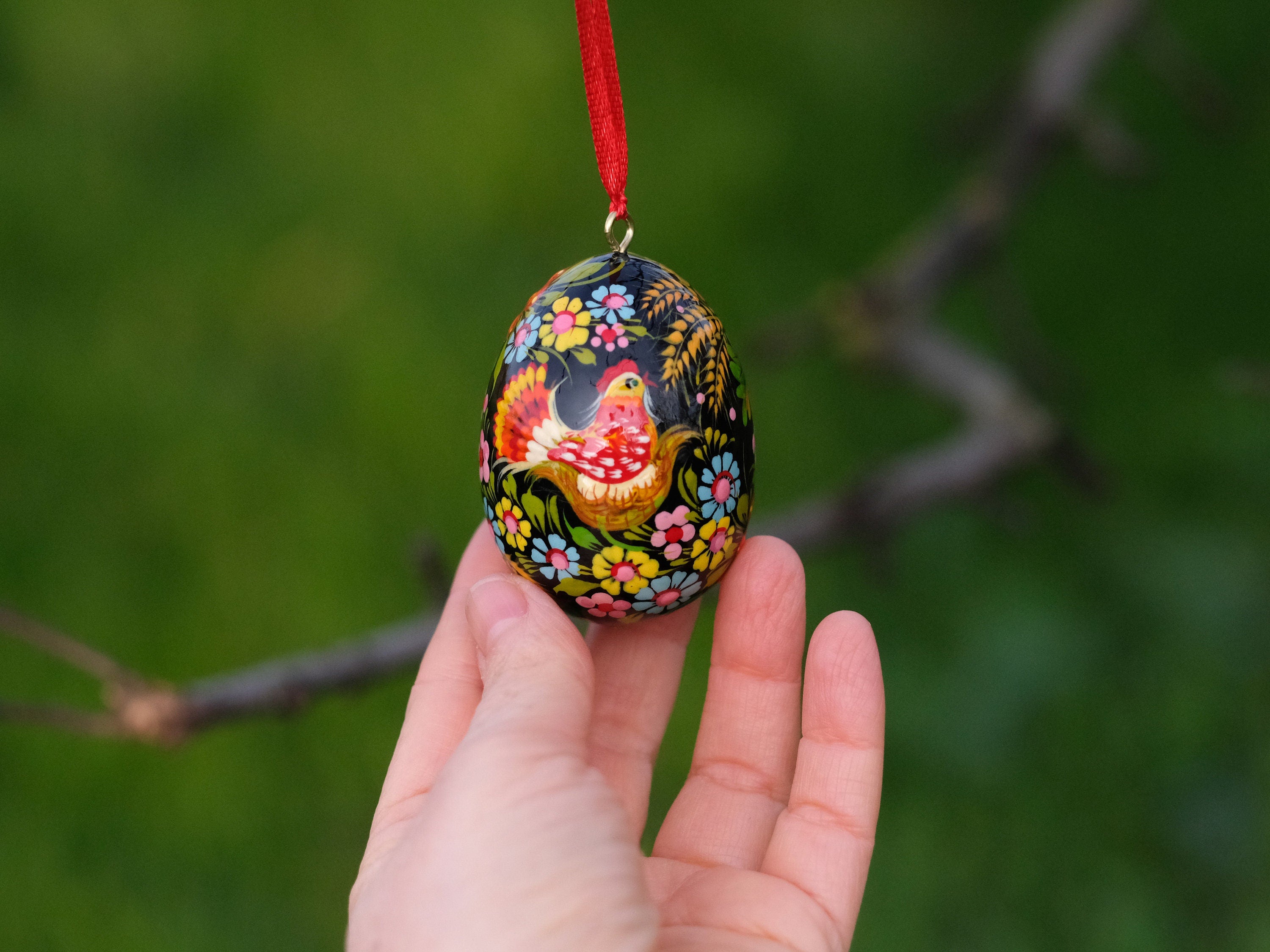 Painted Wooden Chicken on Nest Easter Egg Ornament with Ribbon