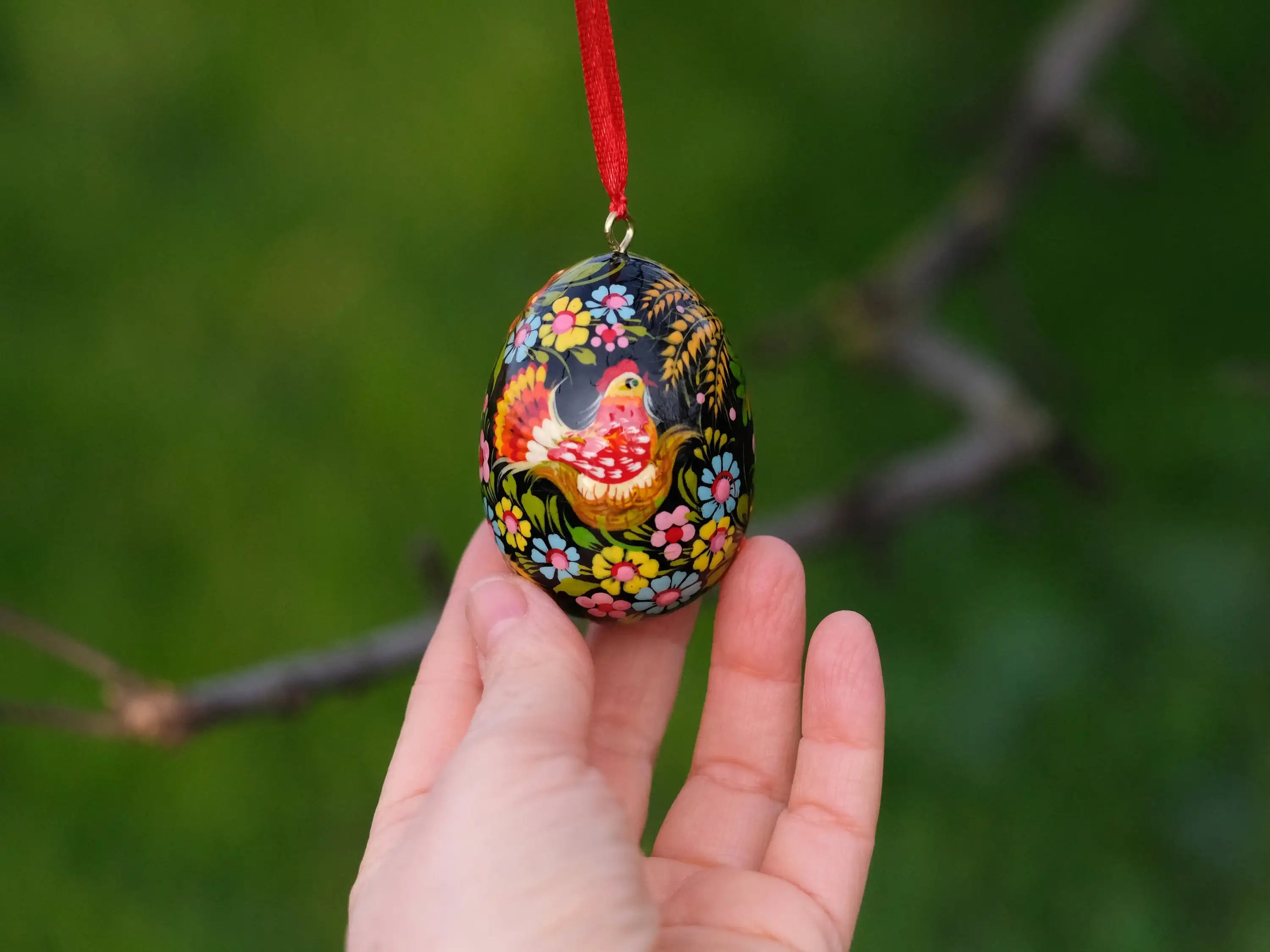 Painted Wooden Chicken on Nest Easter Egg Ornament with Ribbon