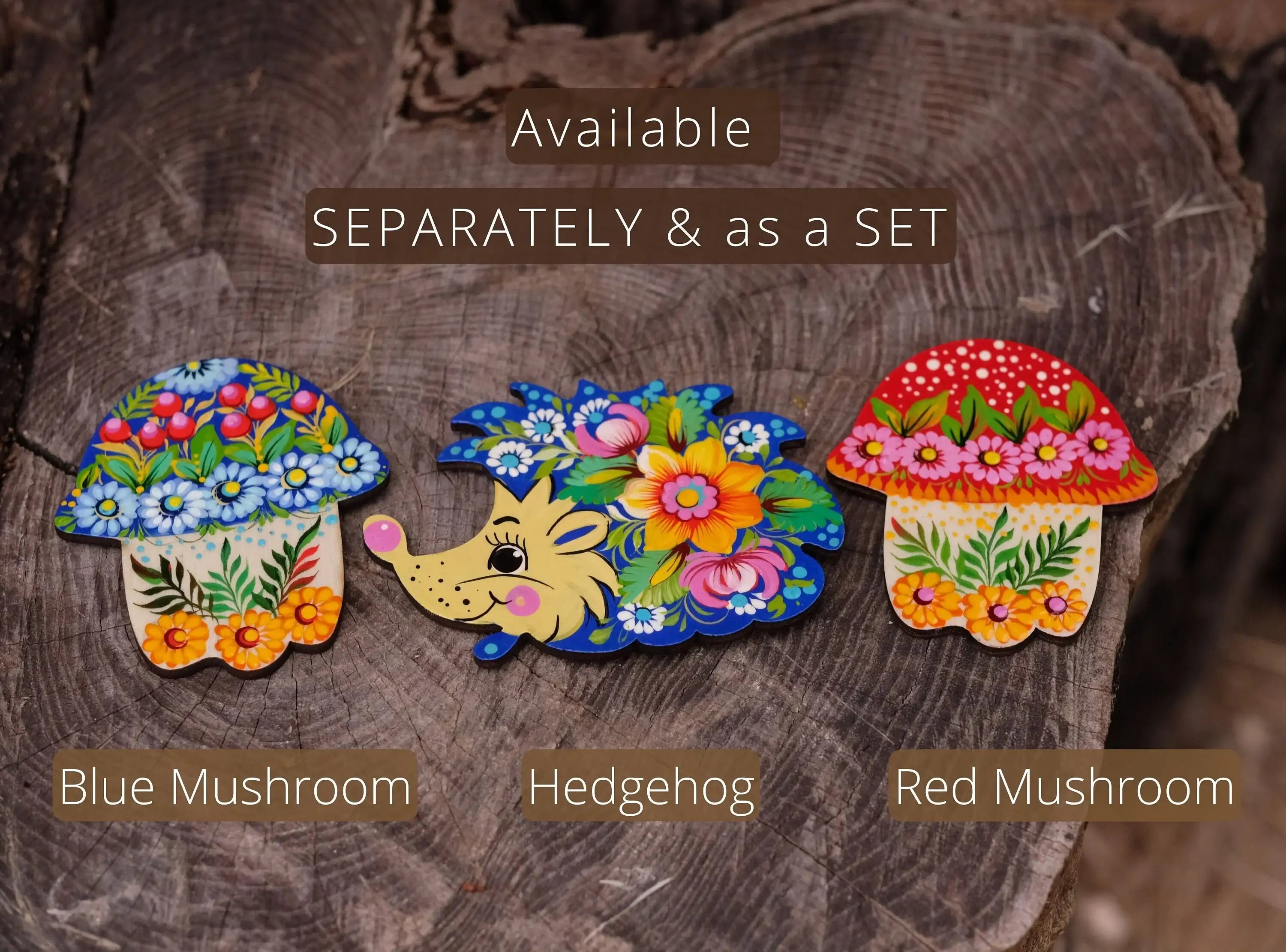Painted Wooden Mushroom & Hedgehog Fridge Magnets - Petrykivka Art Decoratie Kitchen Magnets