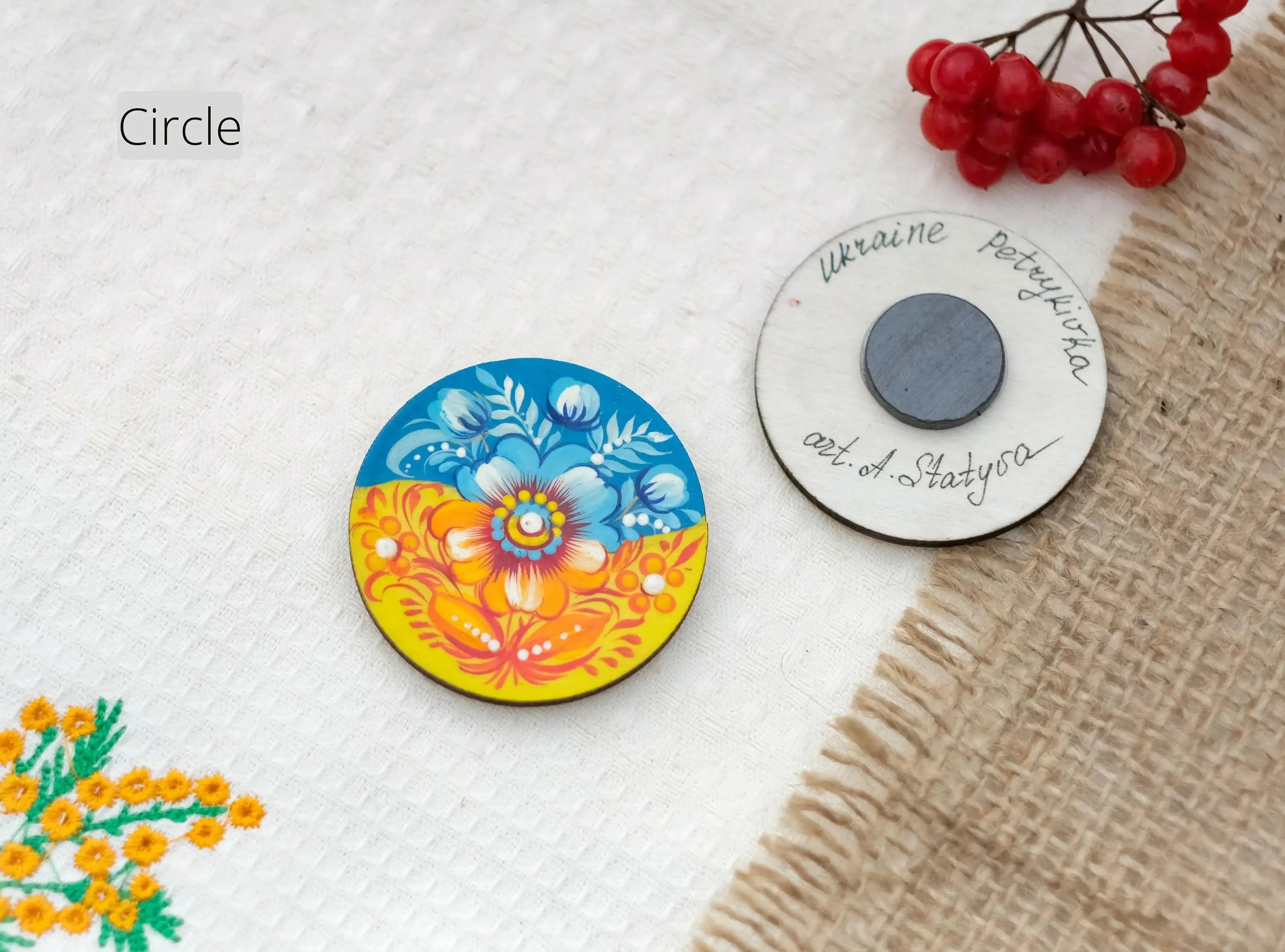 Wooden Magnet Painted in Ukraine Flag Colors - Yellow and Blue Flower Fridge Magnet, Locker Magnet