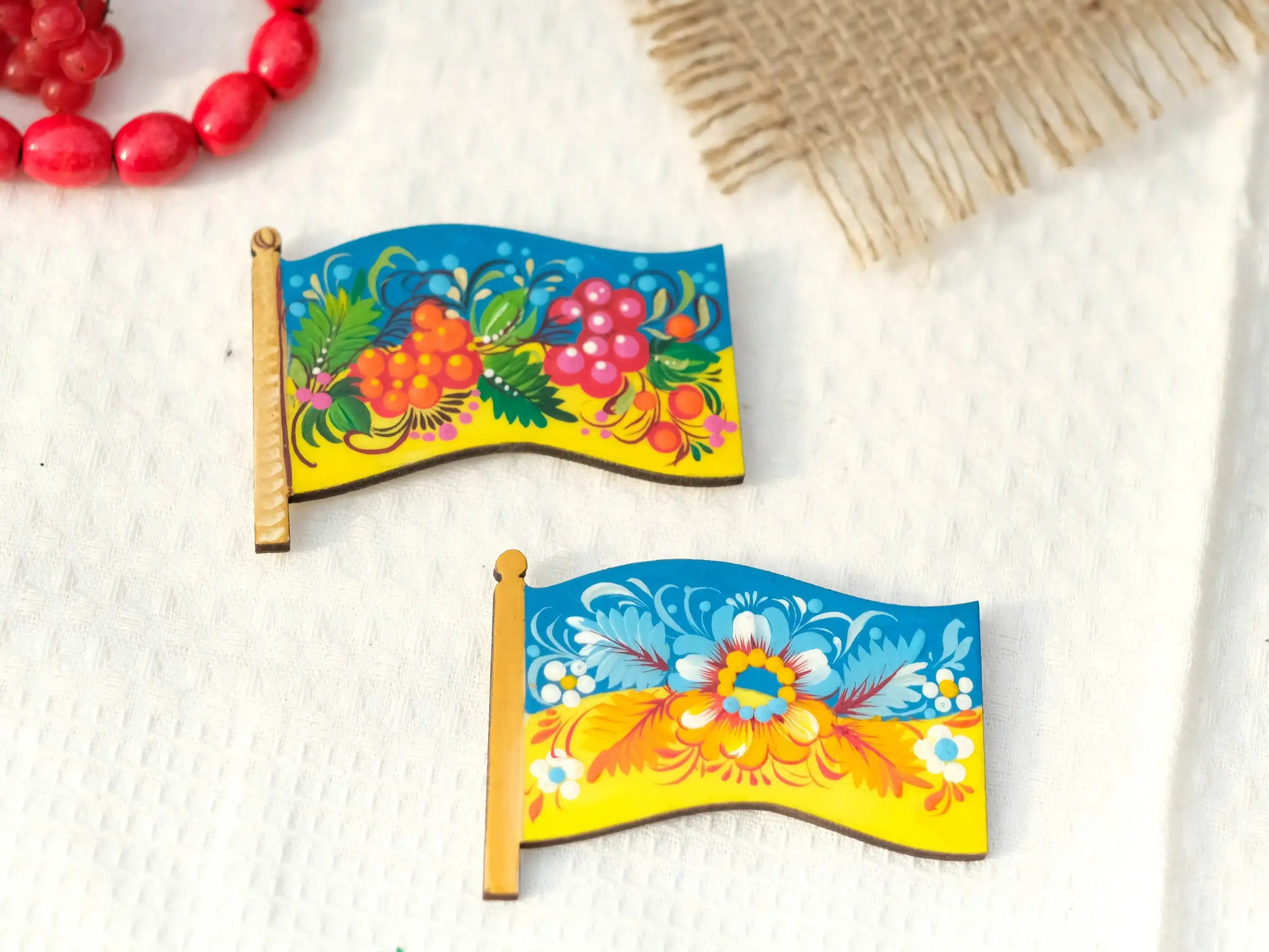 Wooden Magnet Painted in Ukraine Flag Colors - Yellow and Blue Flower Fridge Magnet, Locker Magnet