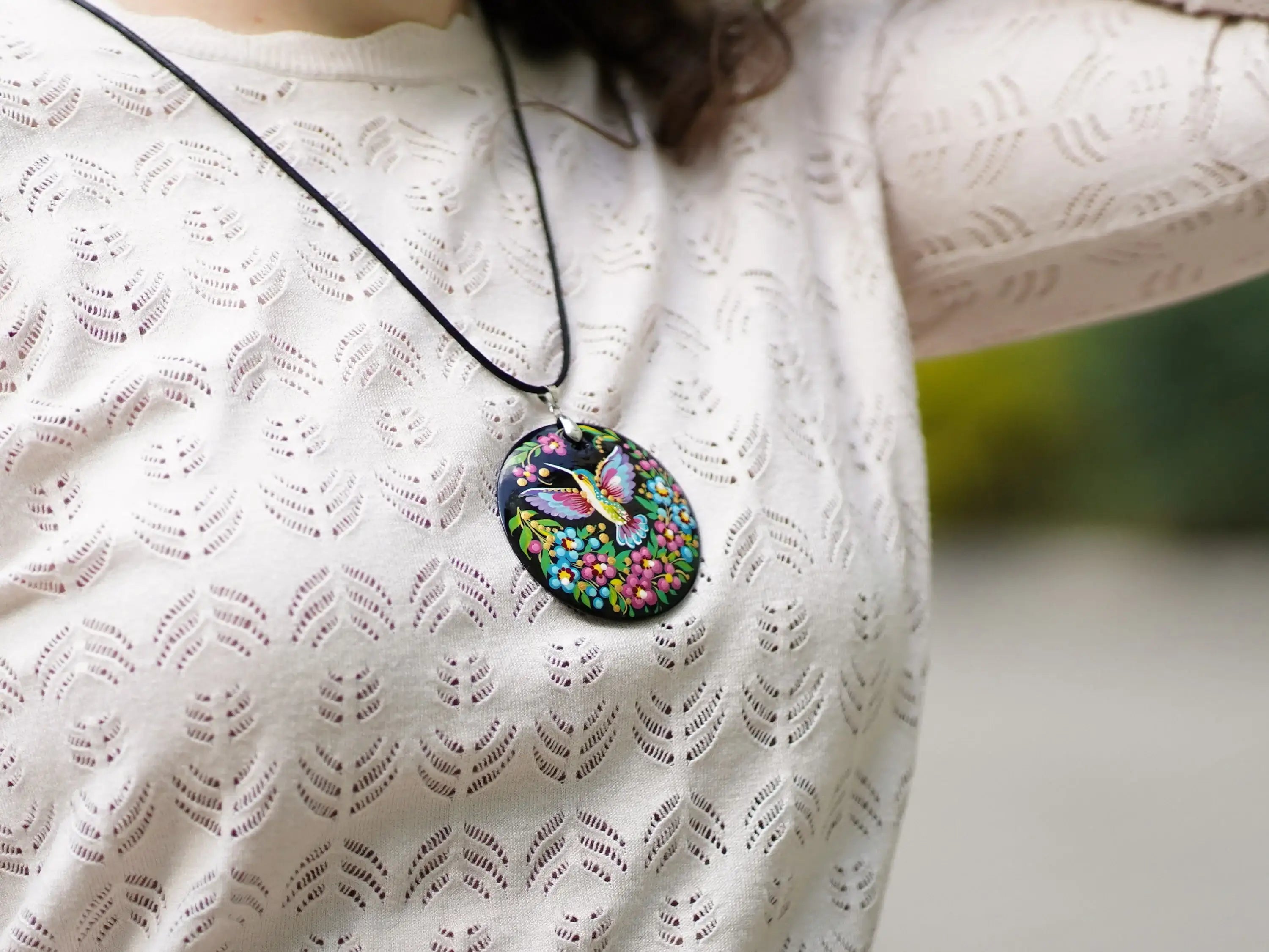 Painted Wooden Hummingbird Pendant Necklace - Artisanal Large Circle Statement Necklace