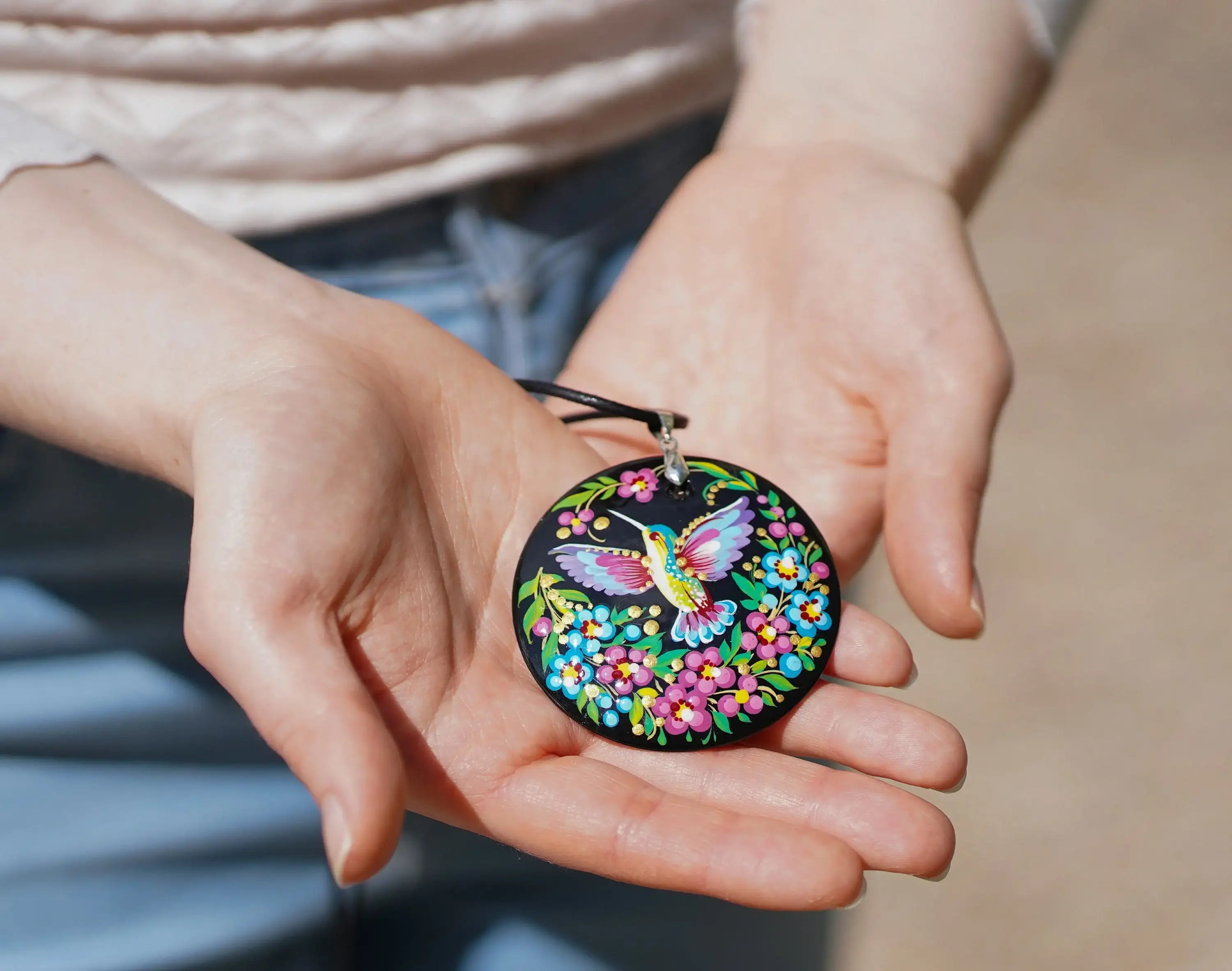 Painted Wooden Hummingbird Pendant Necklace - Artisanal Large Circle Statement Necklace