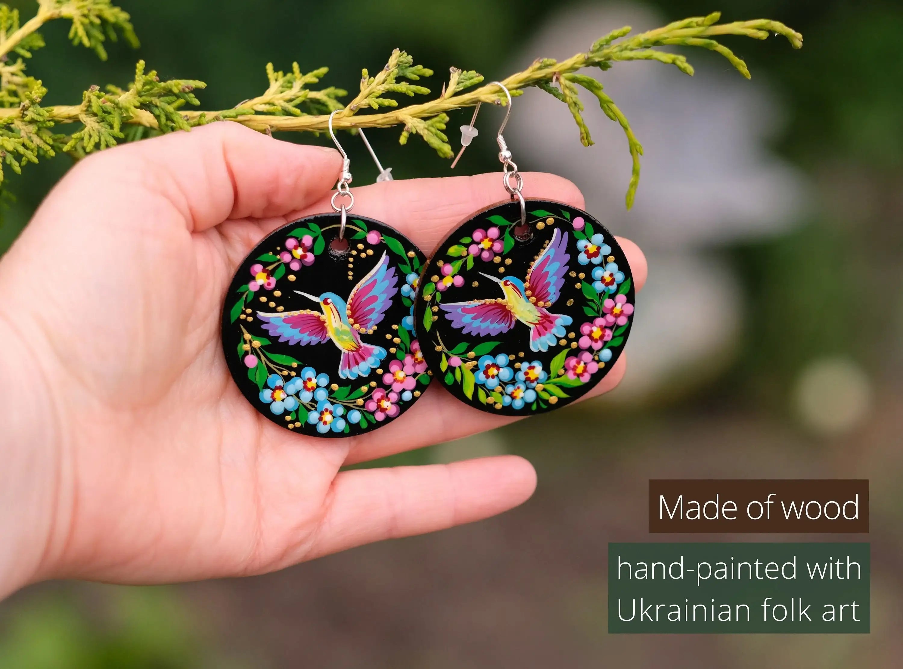 Painted Hypoallergenic Wooden Dangle Drop Hummingbird Earrings - Artisanal Large Circle Statement Earrings