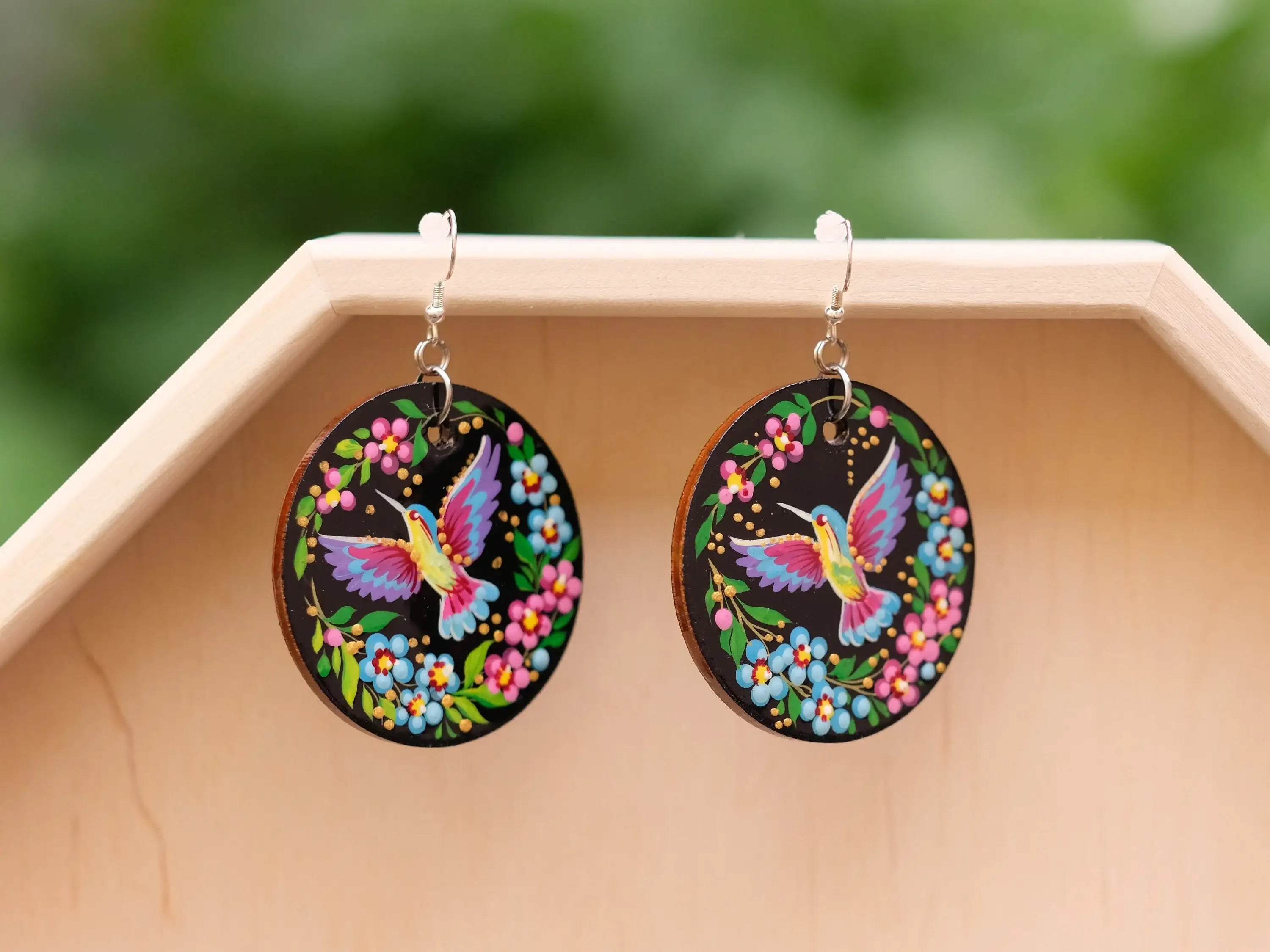 Painted Hypoallergenic Wooden Dangle Drop Hummingbird Earrings - Artisanal Large Circle Statement Earrings