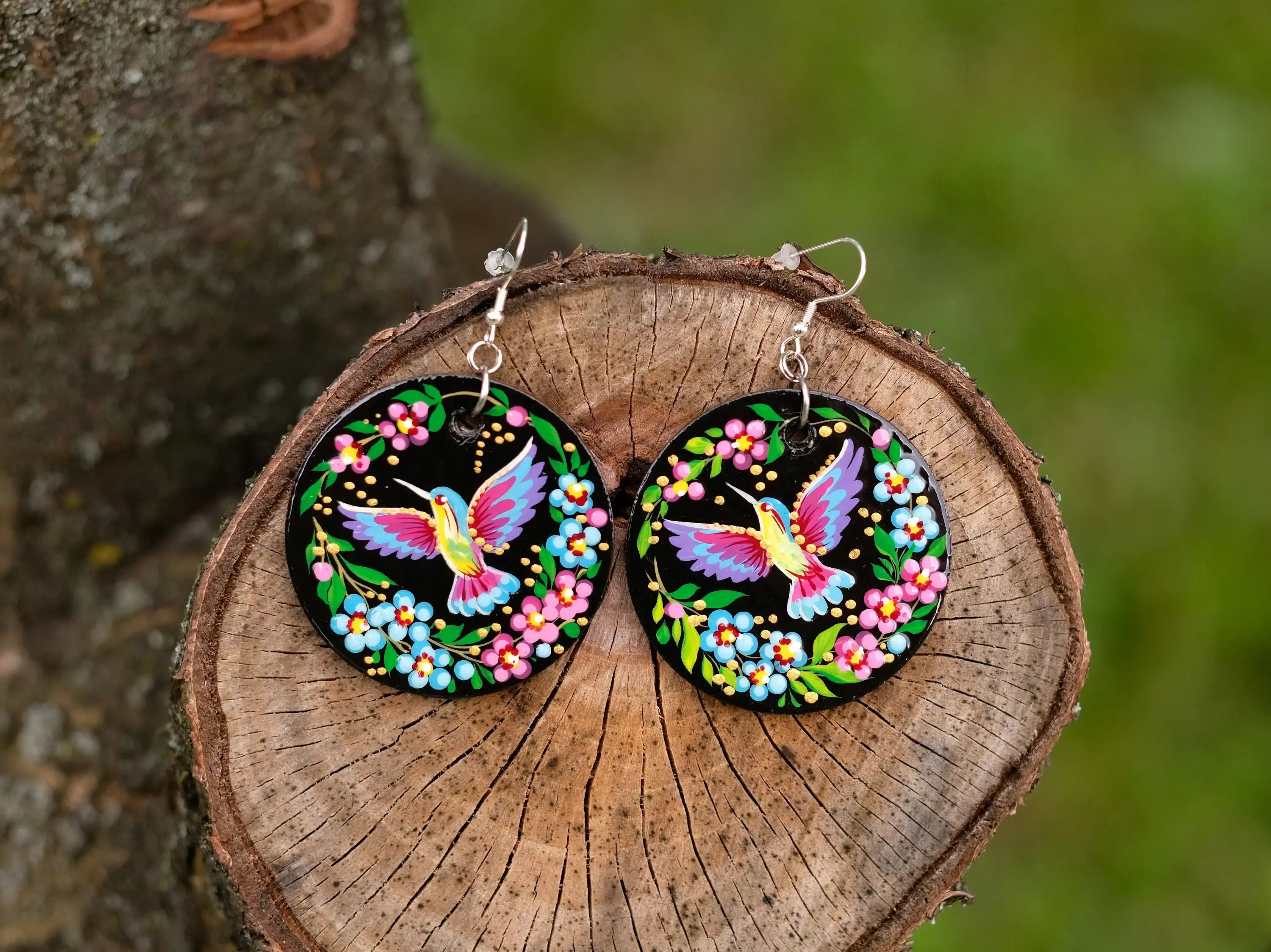 Painted Hypoallergenic Wooden Dangle Drop Hummingbird Earrings - Artisanal Large Circle Statement Earrings