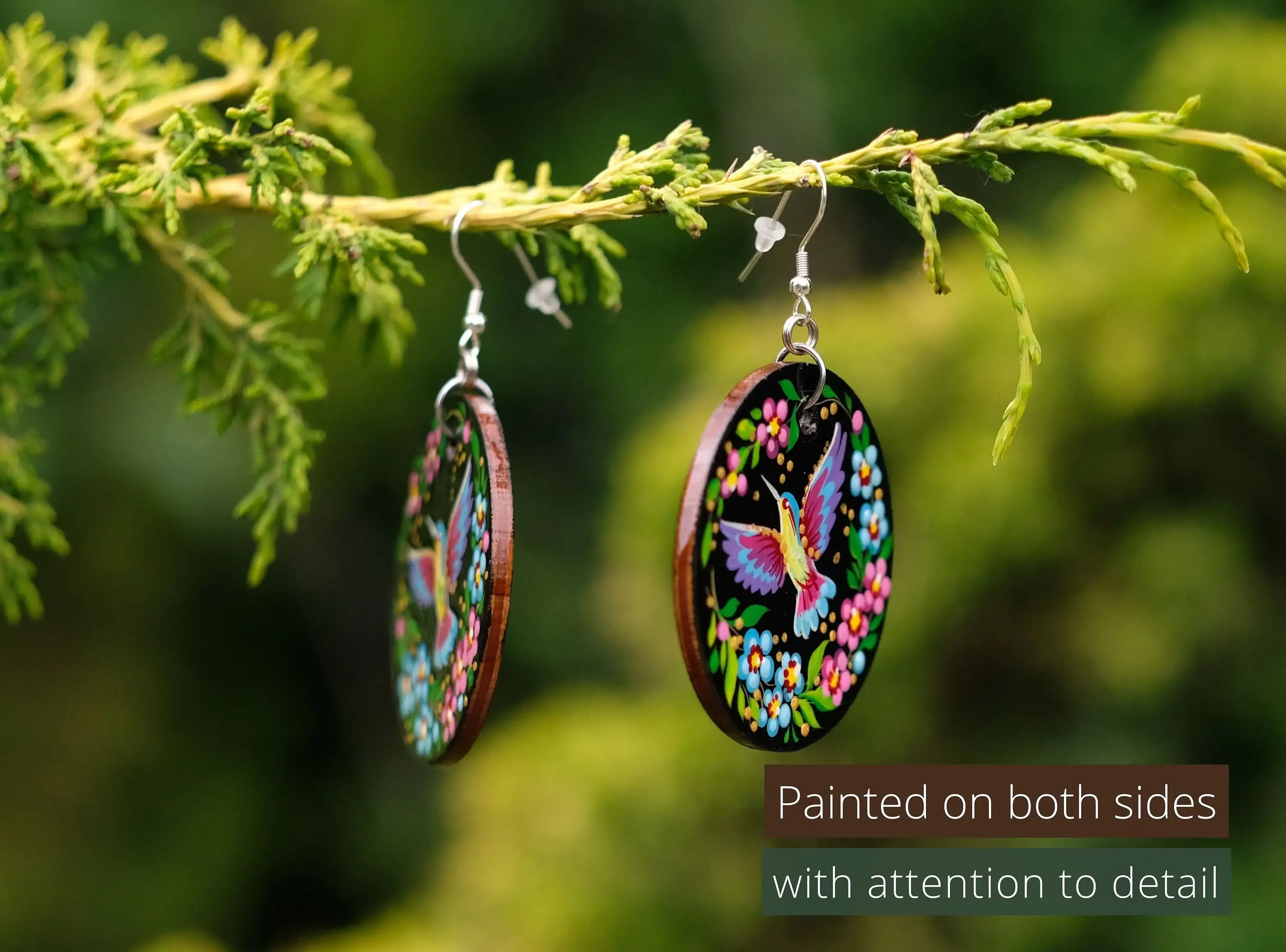 Painted Hypoallergenic Wooden Dangle Drop Hummingbird Earrings - Artisanal Large Circle Statement Earrings