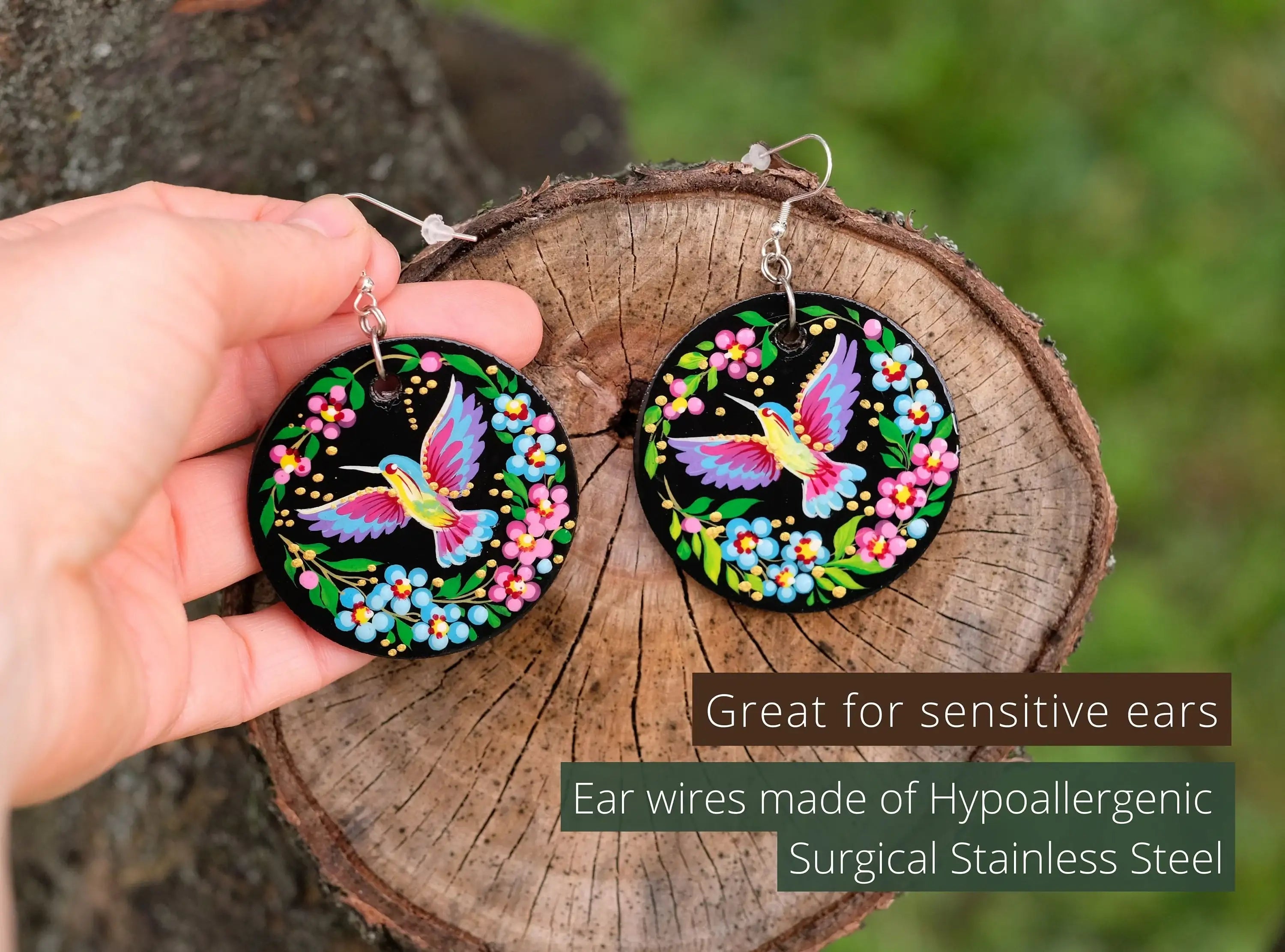 Painted Hypoallergenic Wooden Dangle Drop Hummingbird Earrings - Artisanal Large Circle Statement Earrings