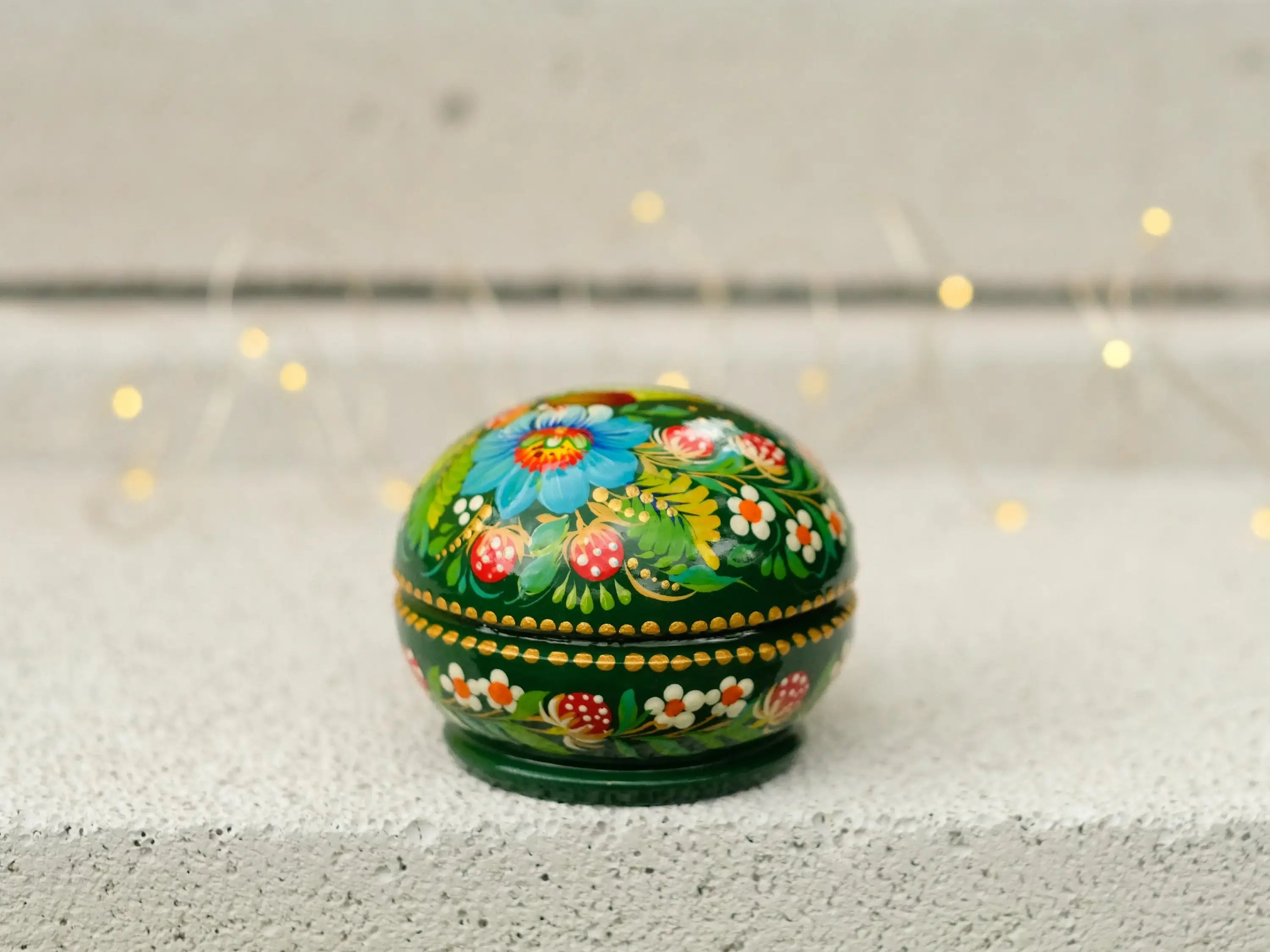 Painted Frog Wooden Jewelry Box 2.75 in - Small Earrings Box with Green Flowers Handmade in Ukraine with Petrykivka Art