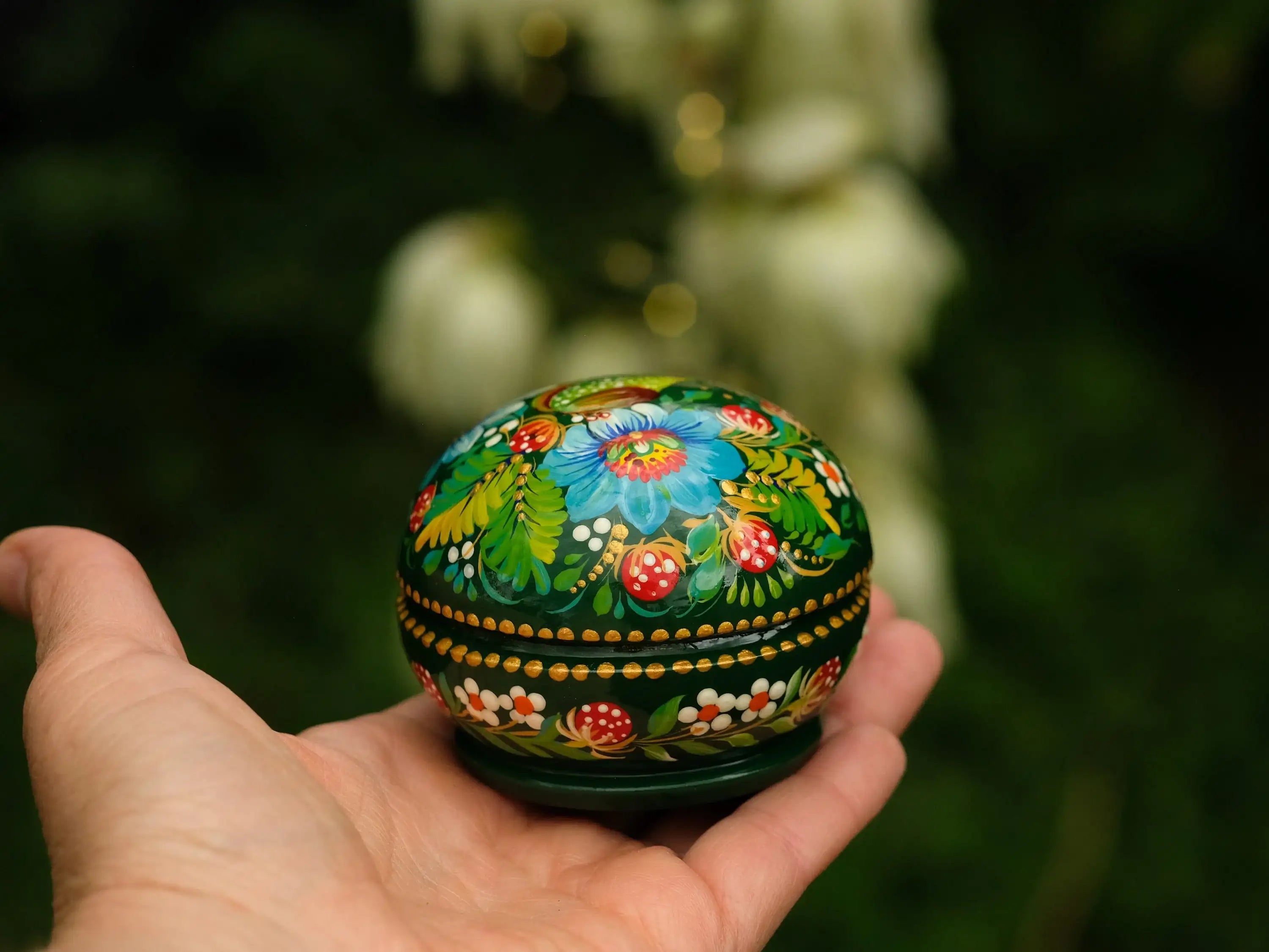 Painted Frog Wooden Jewelry Box 2.75 in - Small Earrings Box with Green Flowers Handmade in Ukraine with Petrykivka Art